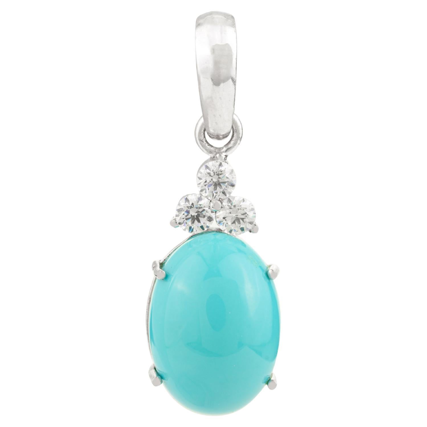 Cabochon Turquoise Unisex Drop Pendant with Cubic Zirconia in Sterling Silver For Sale