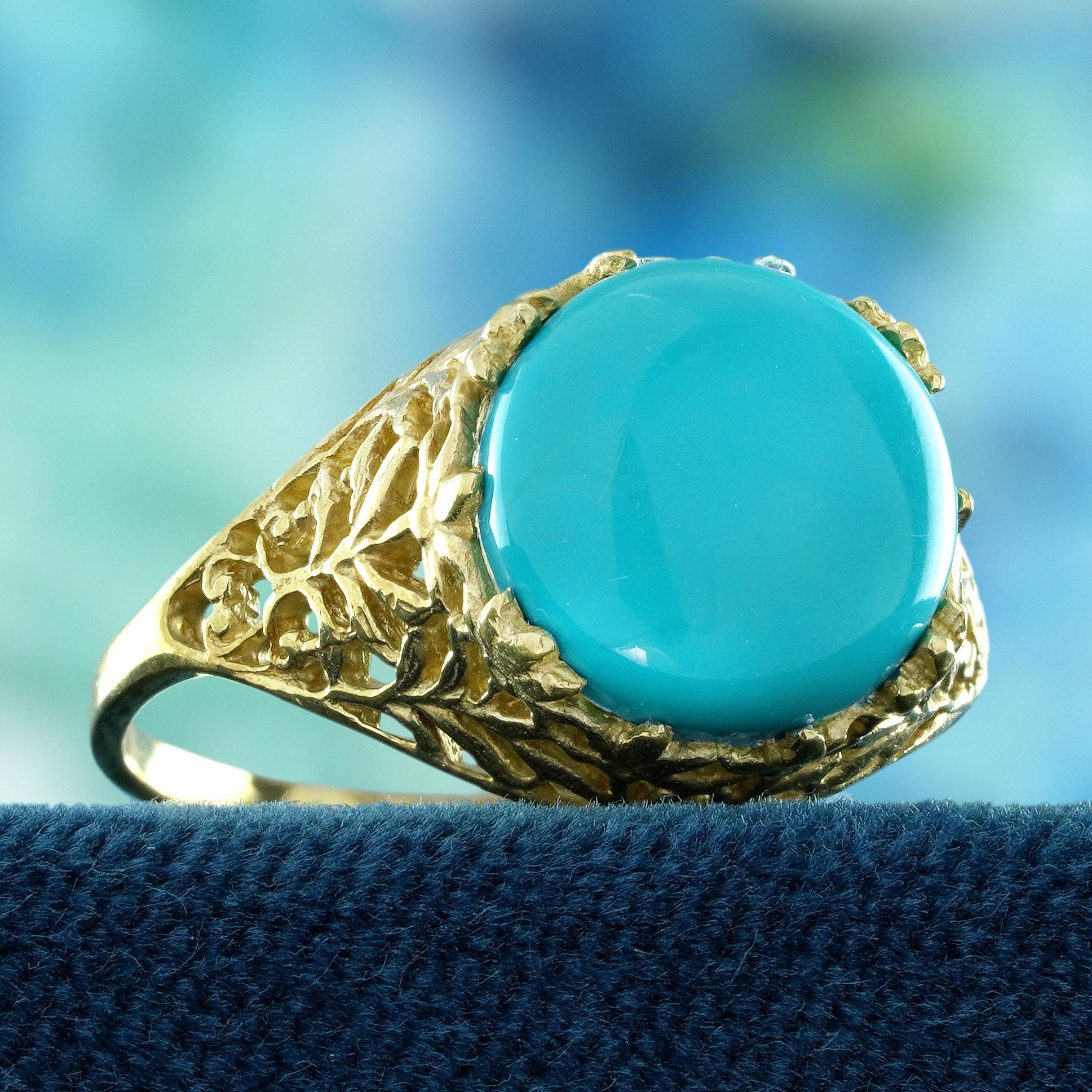 Türkis-Cabochon-Cabochon im Vintage-Stil  Filigraner Ring aus massivem 14K Gelbgold (Edwardian)