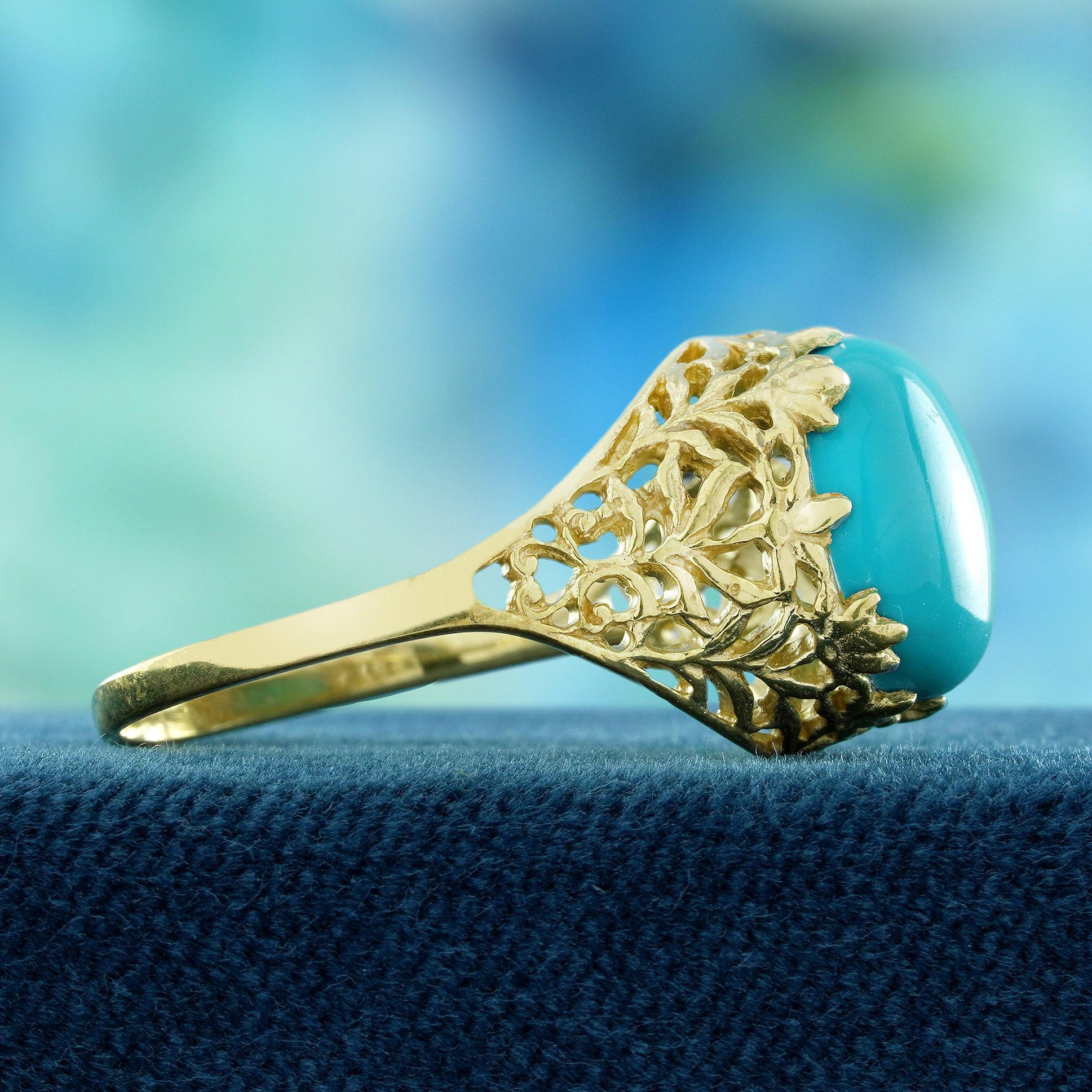 Türkis-Cabochon-Cabochon im Vintage-Stil  Filigraner Ring aus massivem 14K Gelbgold im Zustand „Neu“ in Bangkok, TH