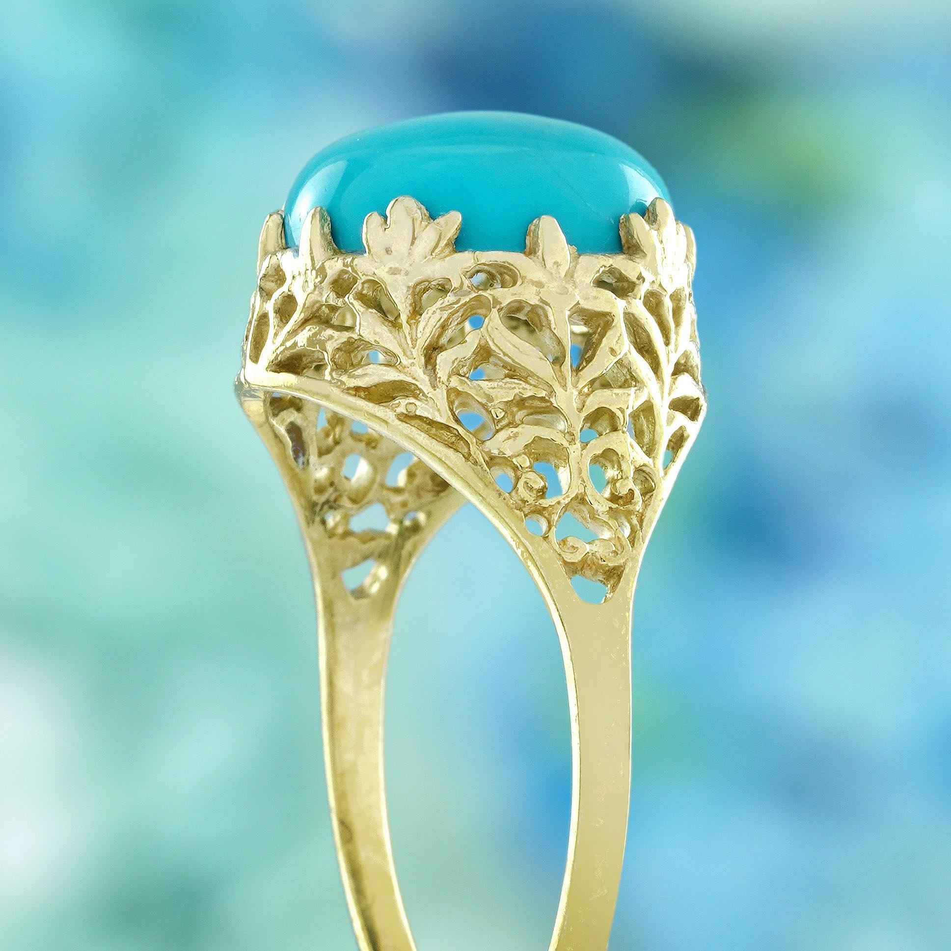Türkis-Cabochon-Cabochon im Vintage-Stil  Filigraner Ring aus massivem 14K Gelbgold Damen