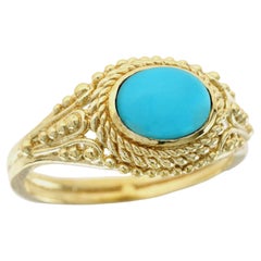 Anello con turchese cabochon in stile vintage in oro giallo massiccio 9 carati