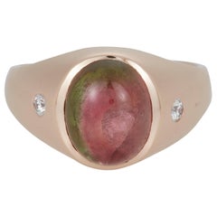 Cabochon Watermelon Bicolor Tourmaline Diamond Mens Gents Fashion Ring 14K Rose