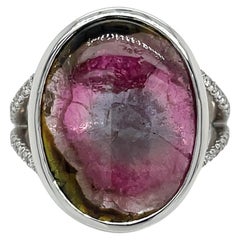 Cabochon Watermelon Tourmaline & Diamond Ring in White Gold