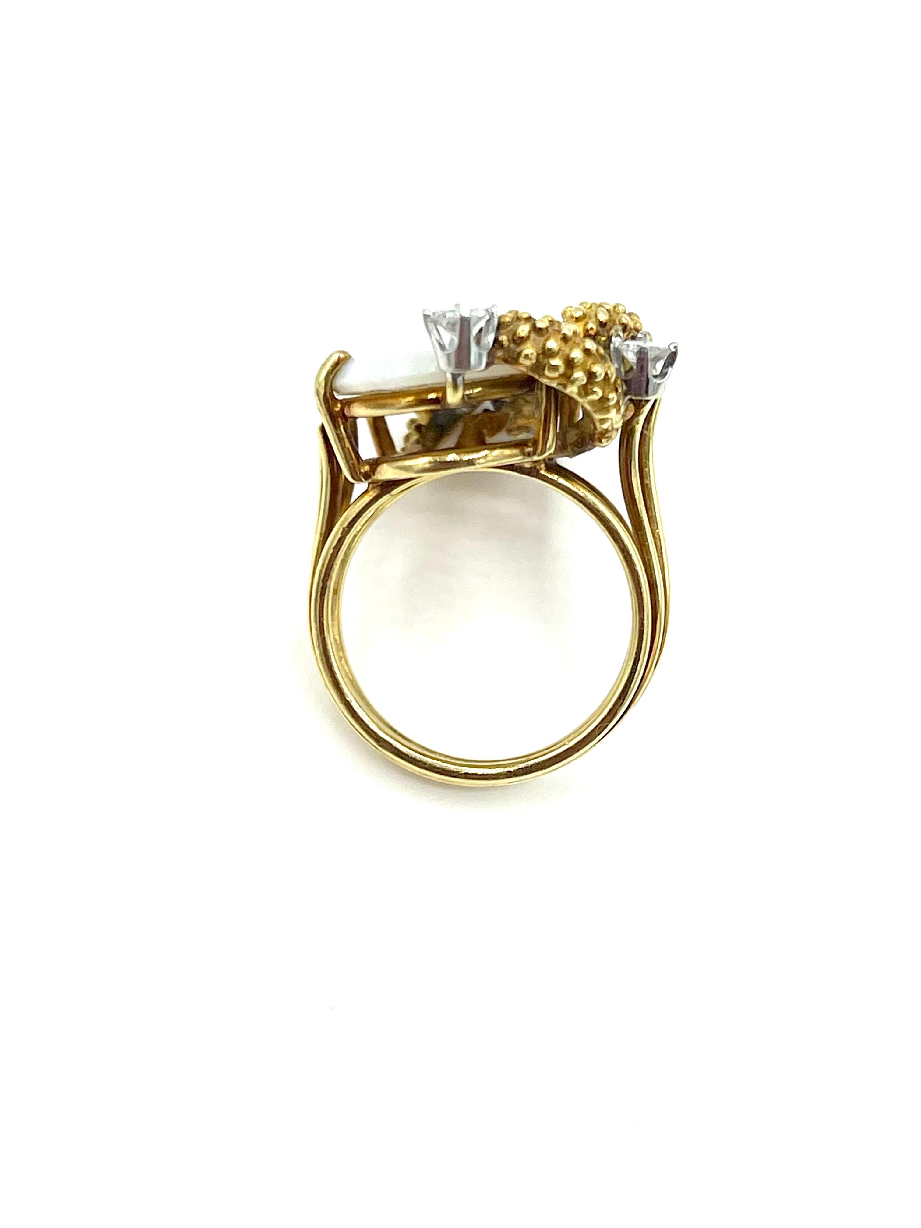 Retro Cabochon White Opal and Diamond 18K Yellow Gold Cocktail Ring For Sale