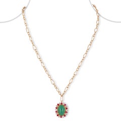 Cabochon Zambian Emerald, Ruby & Diamond Pendant in 18k Gold