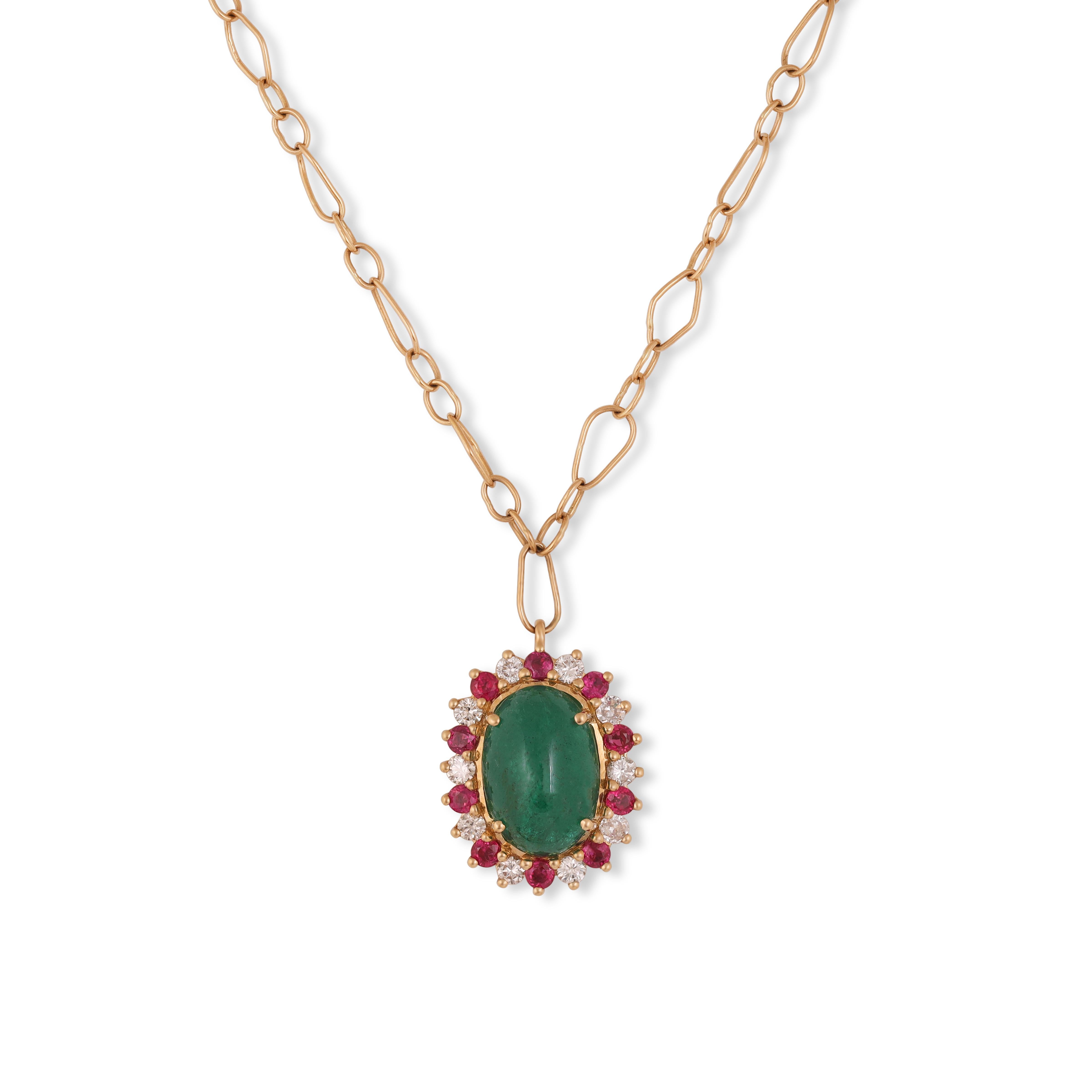 Modernist Cabochon Zambian Emerald, Ruby & Diamond Pendant in 18k Gold For Sale
