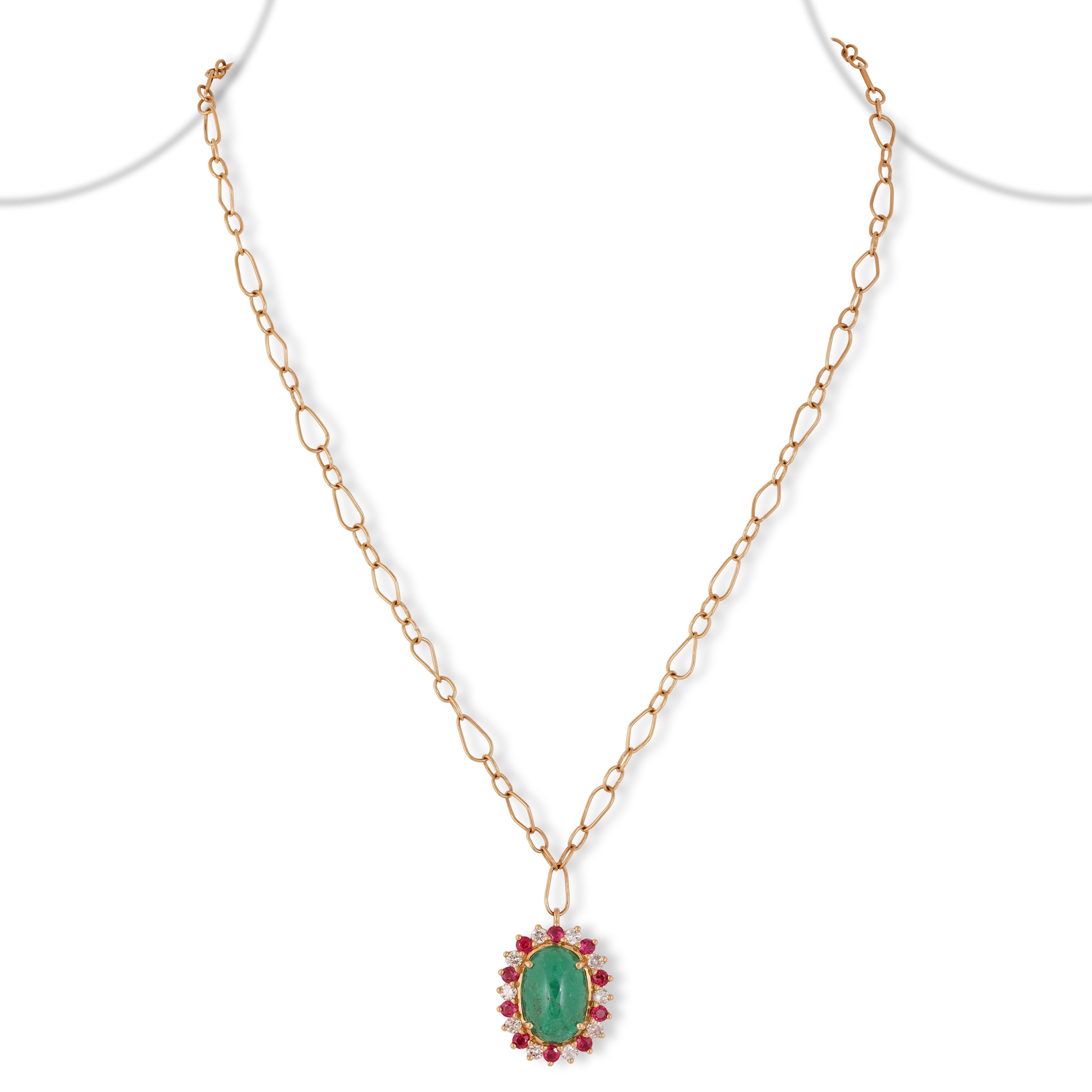 Mixed Cut Cabochon Zambian Emerald, Ruby & Diamond Pendant in 18k Gold For Sale