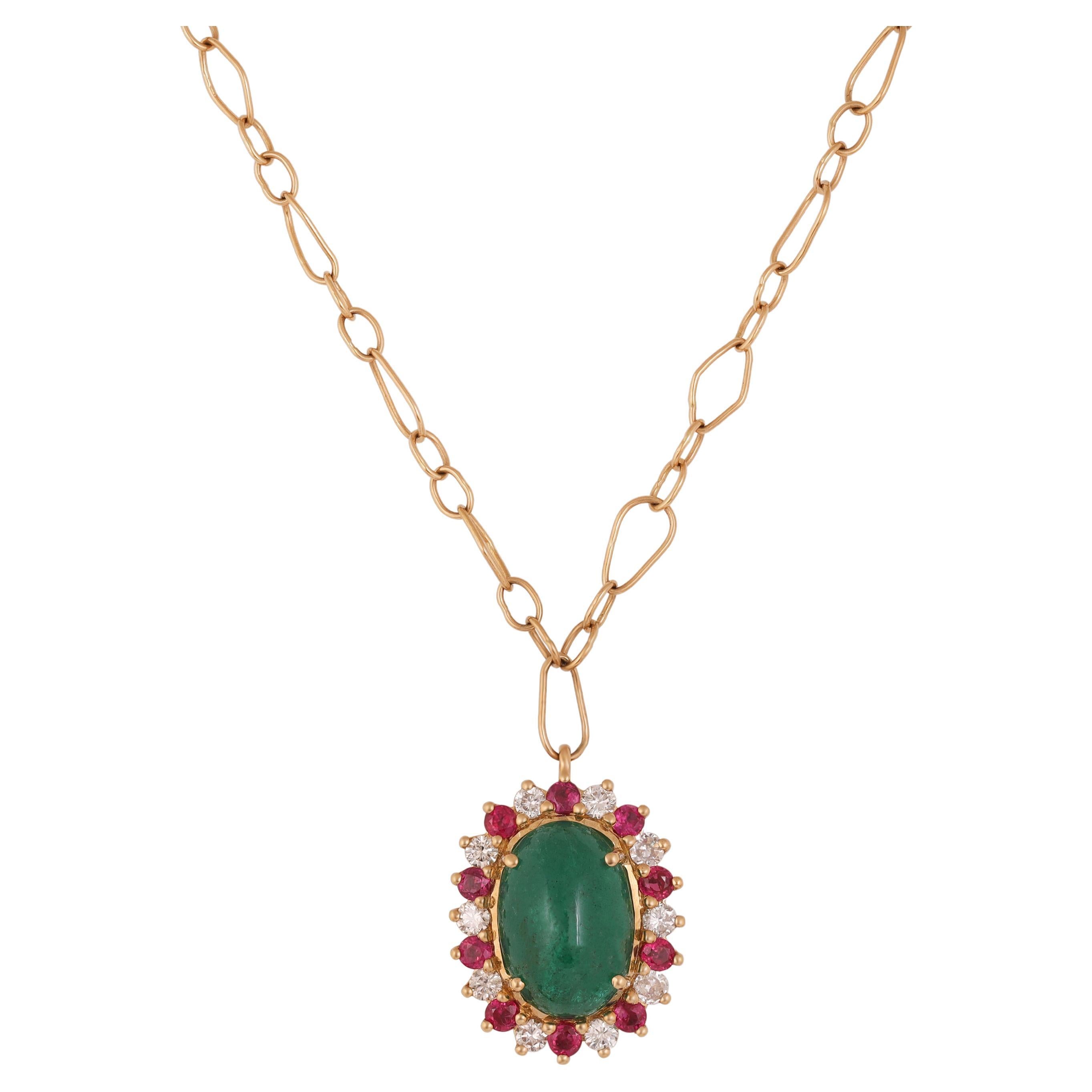 Colgante Cabujón de Esmeralda de Zambia, Rubí y Diamante en Oro de 18k
