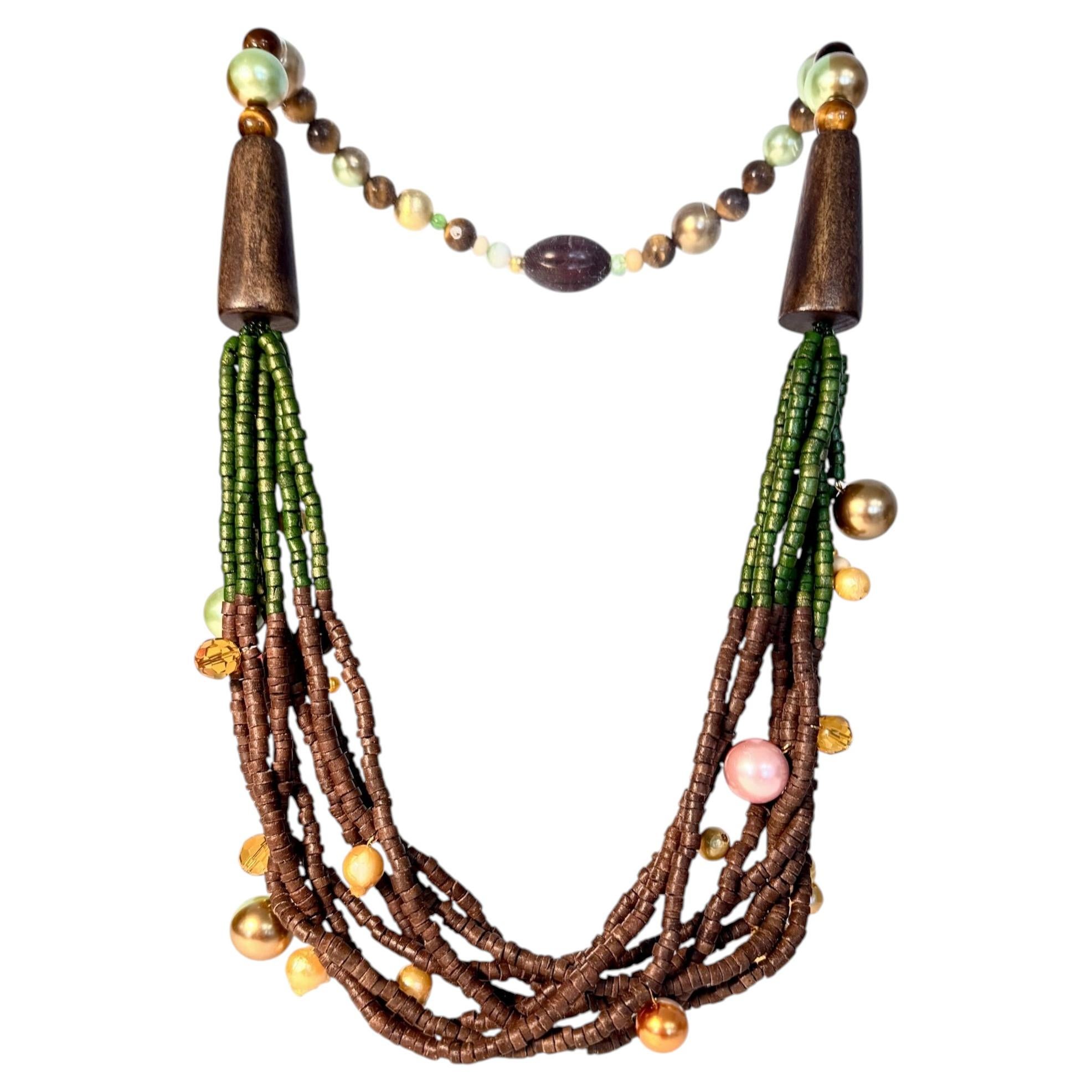 Collier multibrins en bois, oeil de tigre et perles baroques Caboclo Forest Inspired
