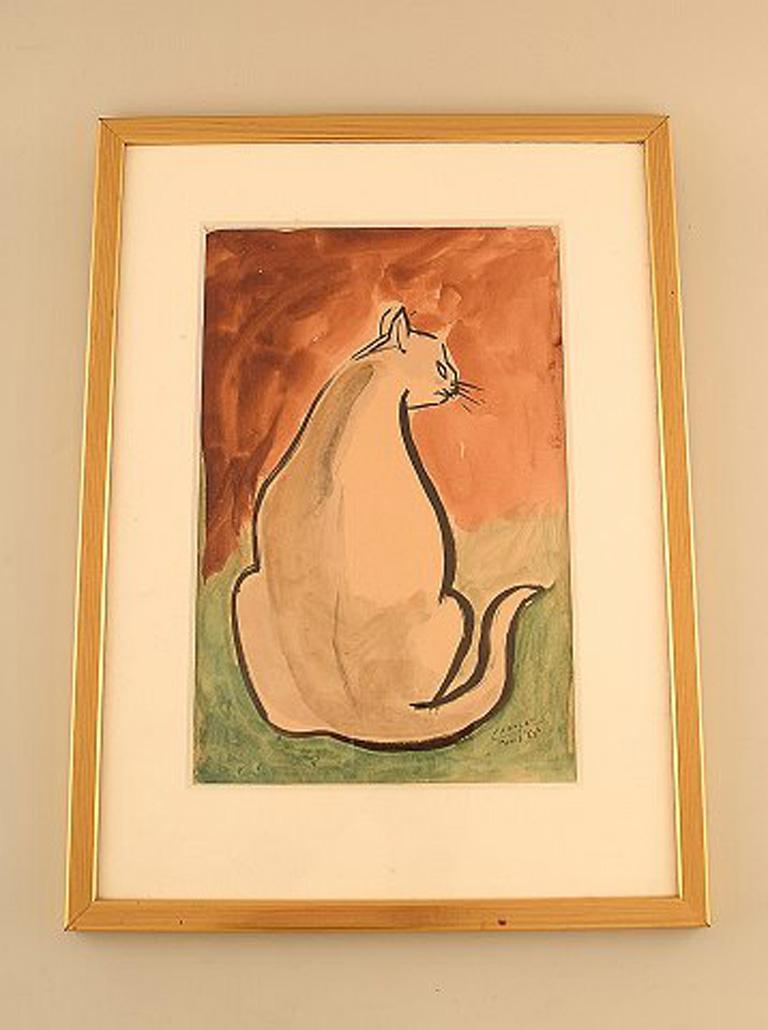 Cabolet, French artist. Watercolor on paper. Paris, 1963. Cat drawn in modernist style.
In very good condition.
Signed and dated.
Visible dimensions: 29 x 19 cm.
Total dimensions: 39 x 28.5 cm.
The frame measures: 1.5 cm.