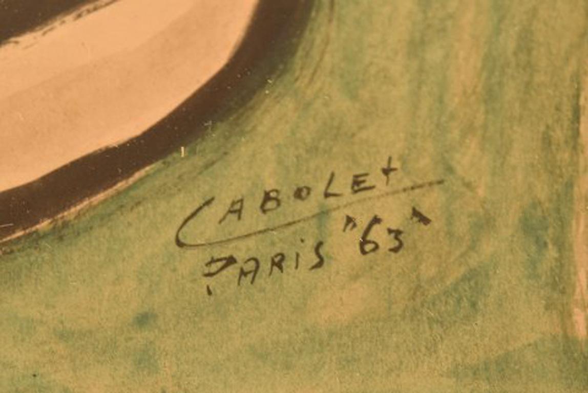 Cabolet, French Artist, Watercolor on Paper, Paris, 1963, Cat In Excellent Condition In Copenhagen, DK