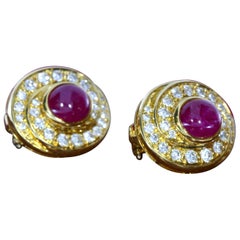 Caboshon Ruby Swirl Design Earrings with Diamonds Set in Yellow Gold