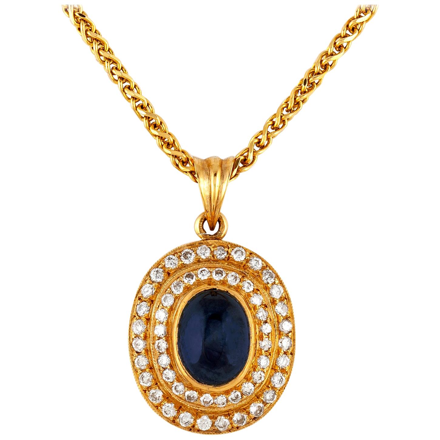 Caboshon Sapphire with Around Diamonds Pendant For Sale