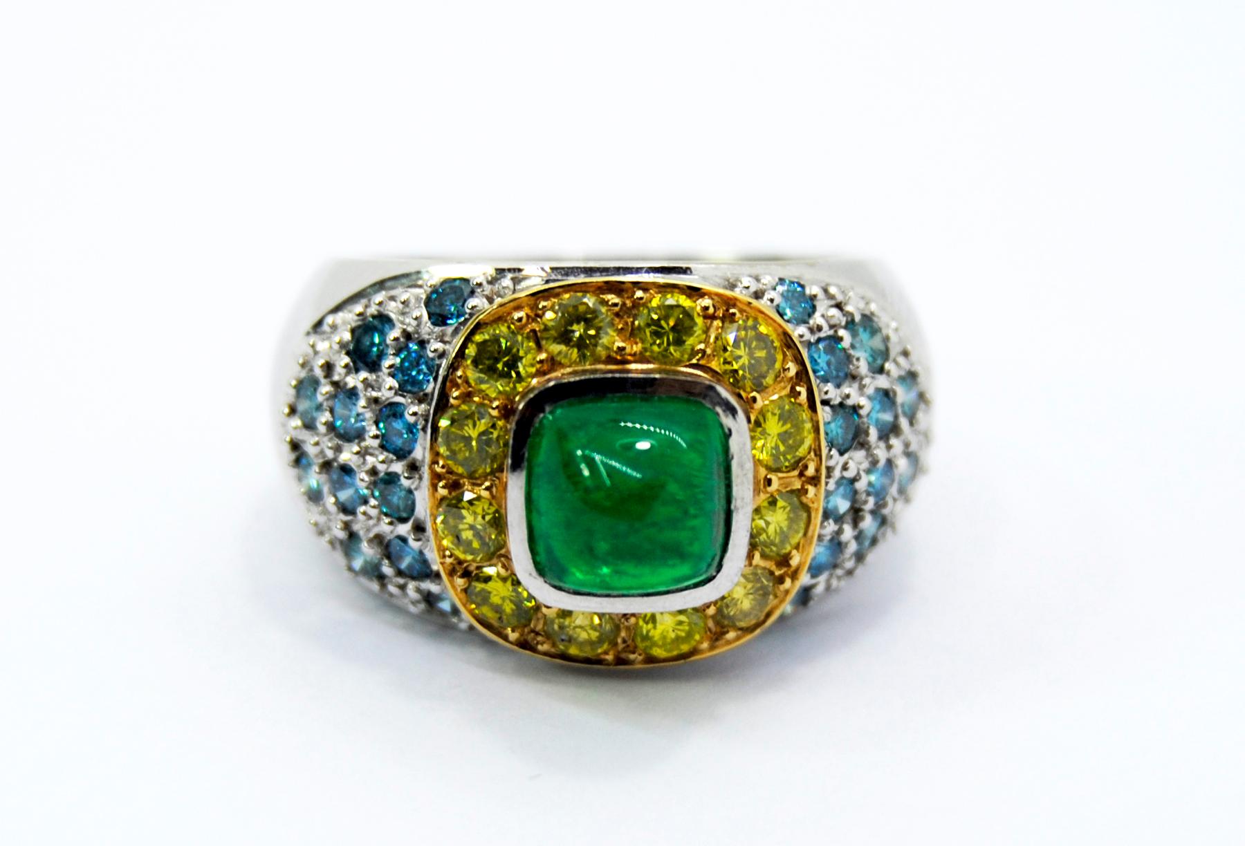 Neoclassical Cabouchon Emerald in a Tray of Blue and Yellow Diamonds in a 18 Karat White Ring For Sale