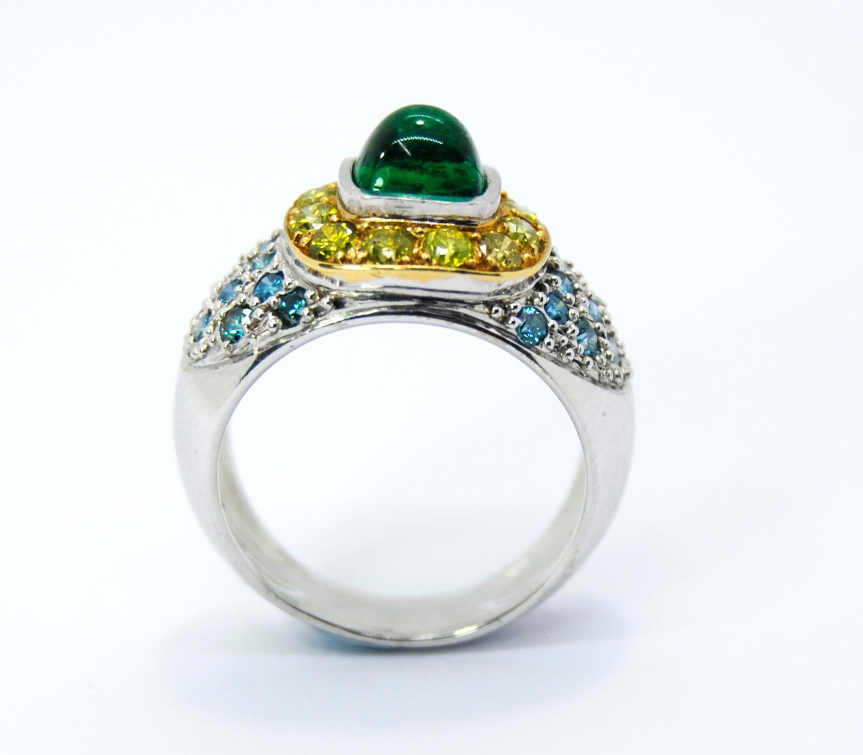 Emerald Cut Cabouchon Emerald in a Tray of Blue and Yellow Diamonds in a 18 Karat White Ring For Sale