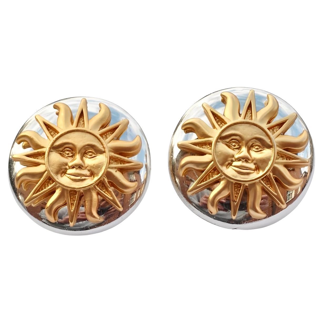 Cabouchon Gold Plated and Silver Plated Sun Face Earrings circa 1990s