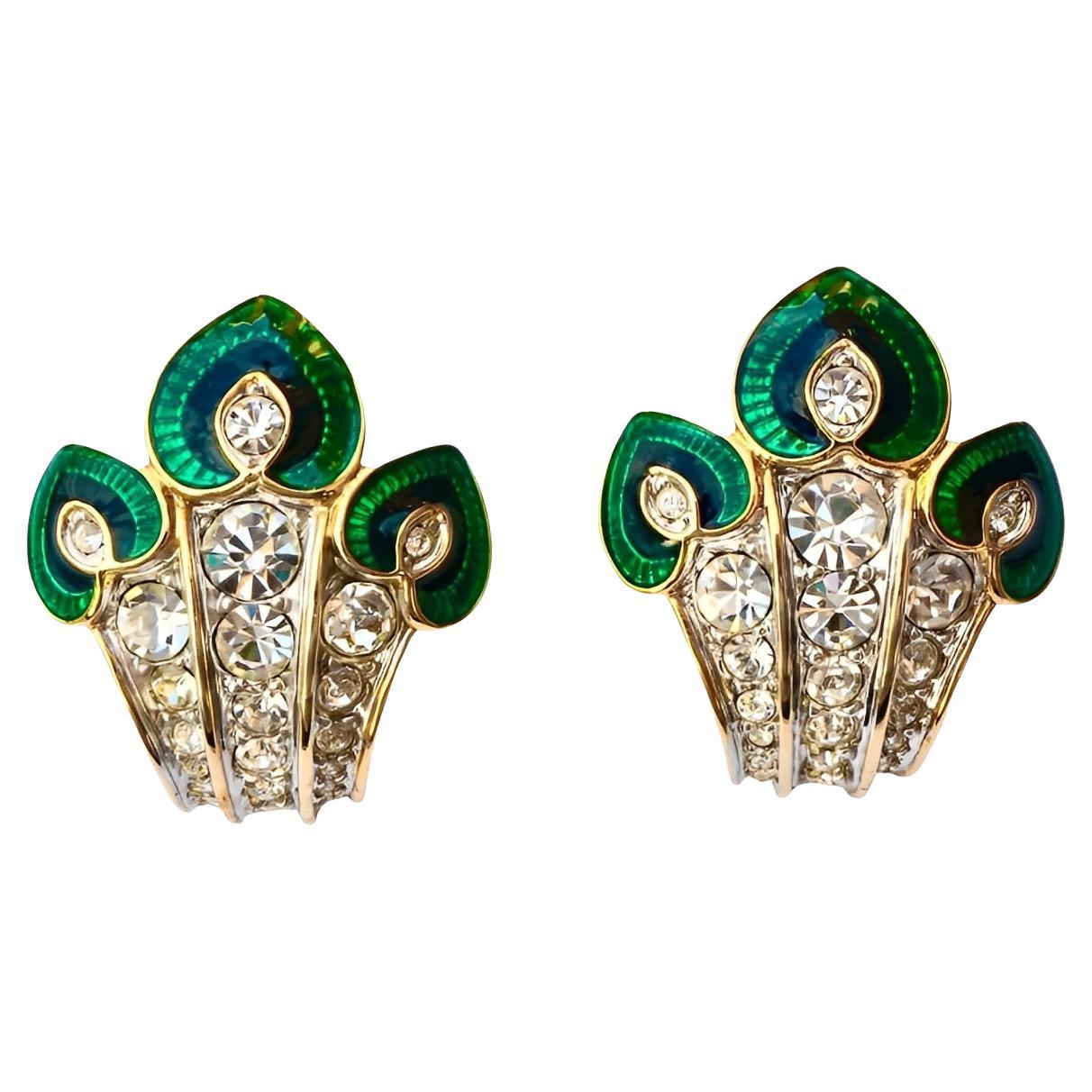 Cabouchon vergoldete grün-blaue Emaille und Strass Ohrringe circa 1990s im Angebot
