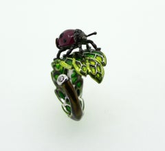Cabouchon Ruby and Black Diamond Ladybug Cocktail Ring