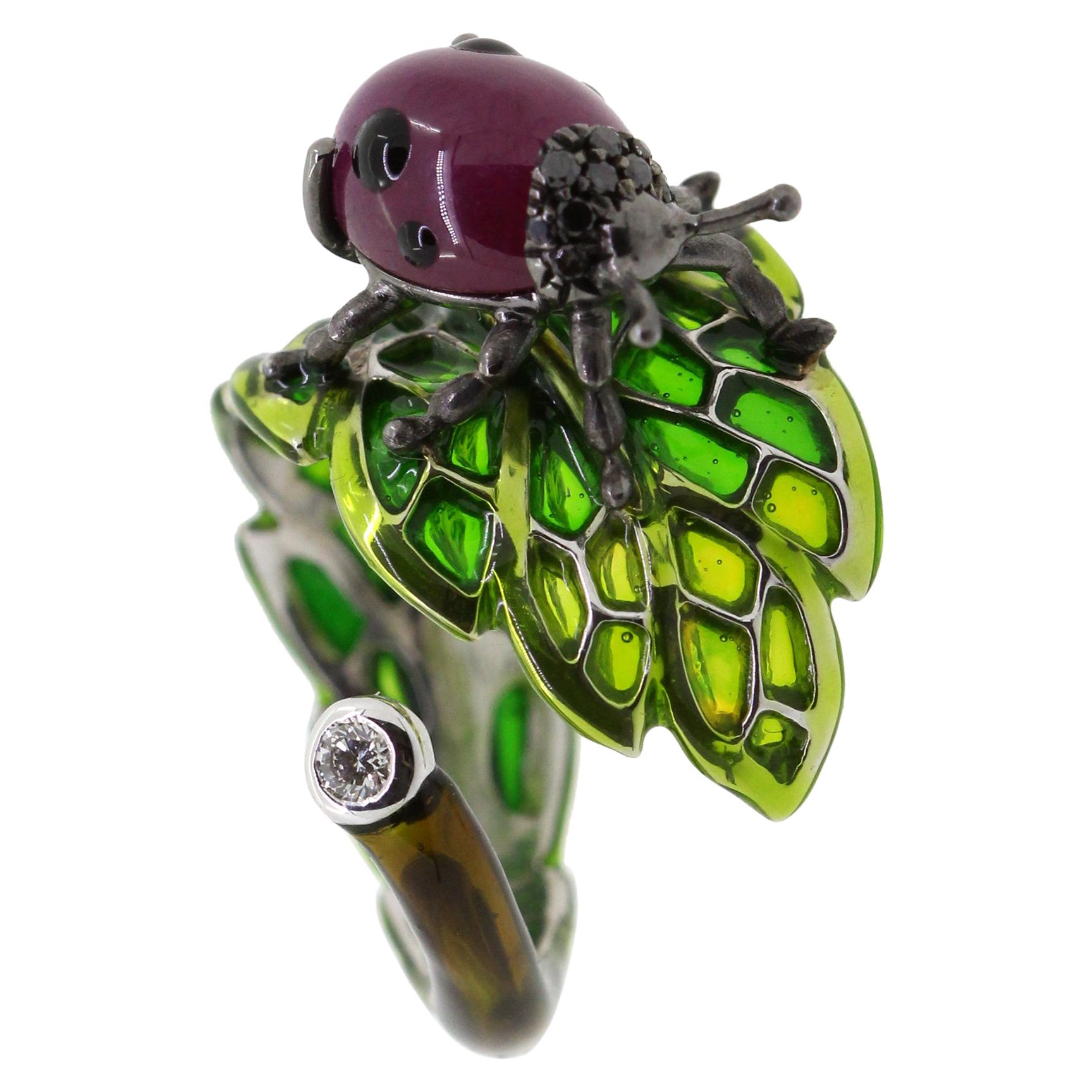 Cabouchon Ruby and Black Diamond Ladybug Cocktail Ring For Sale