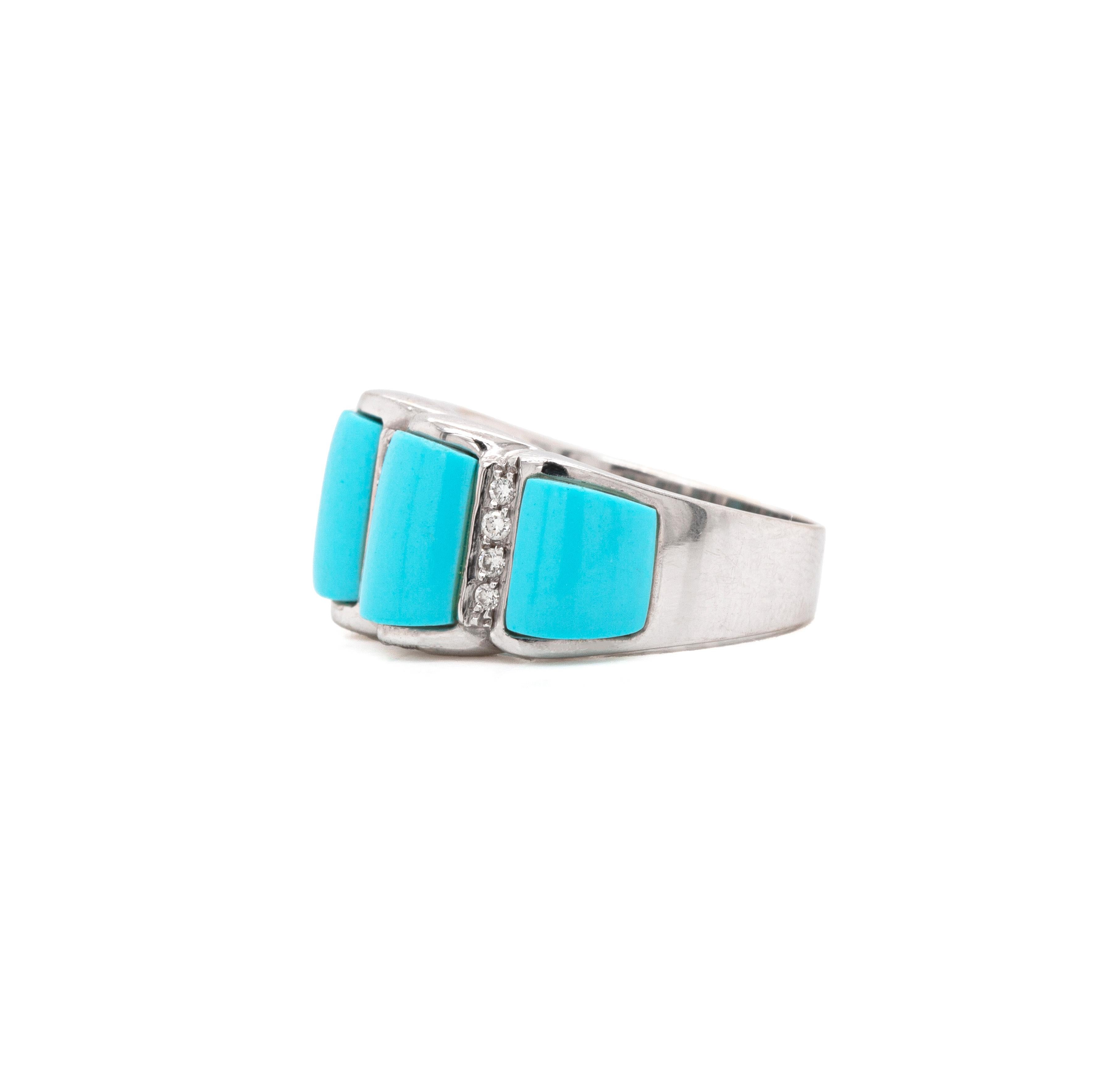 Retro Cabouchon Turquoise and Diamond 18 Carat White Gold Cocktail Ring For Sale