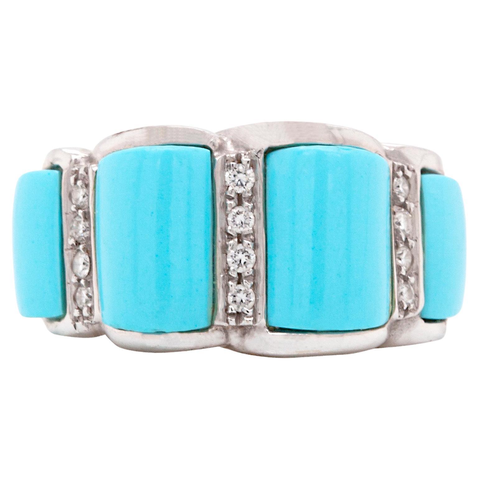 Cabouchon Turquoise and Diamond 18 Carat White Gold Cocktail Ring For Sale