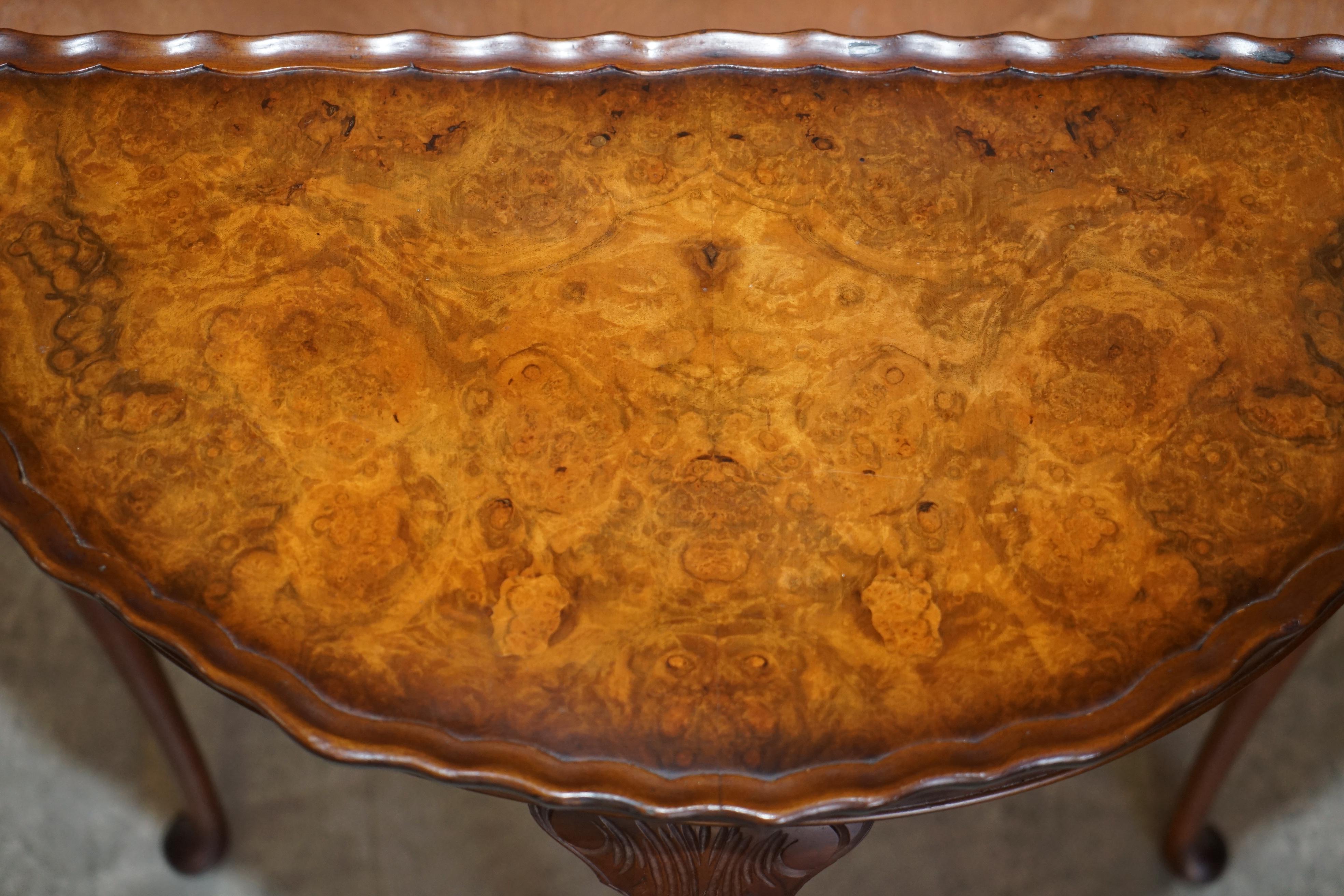 English Cabriole Leg Art Deco Style Burr Walnut Demi Lune Half Moon Console Side Table