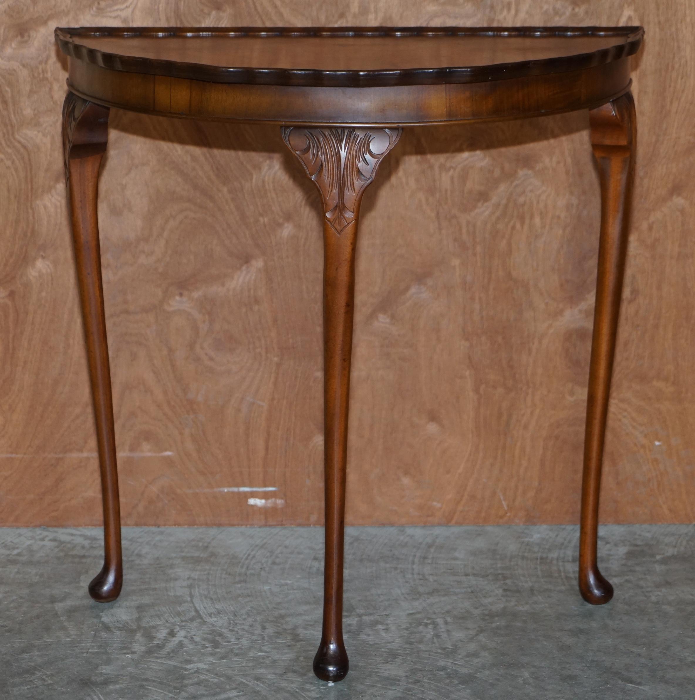 20th Century Cabriole Leg Art Deco Style Burr Walnut Demi Lune Half Moon Console Side Table