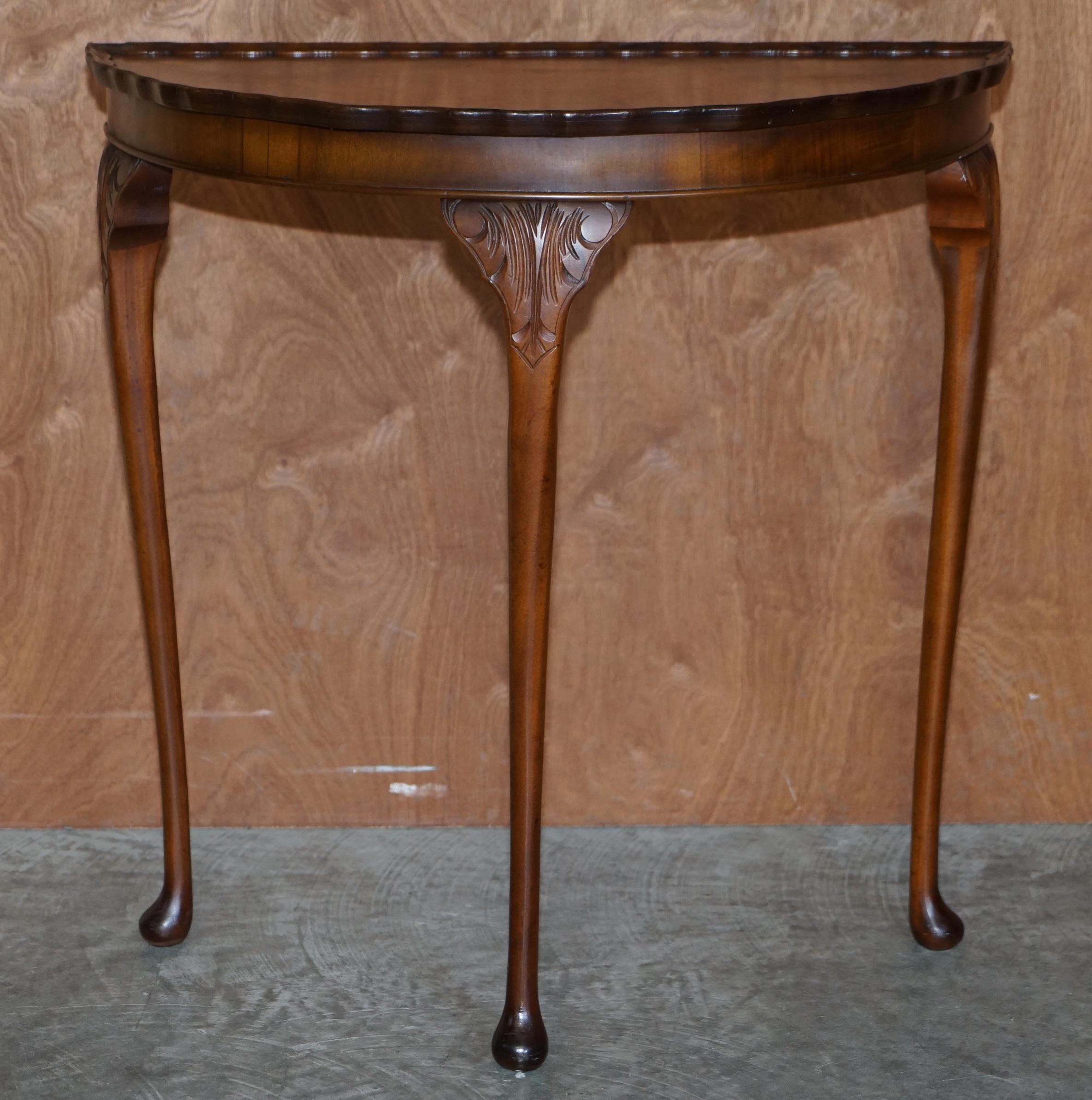 Cabriole Leg Art Deco Style Burr Walnut Demi Lune Half Moon Console Side Table 3