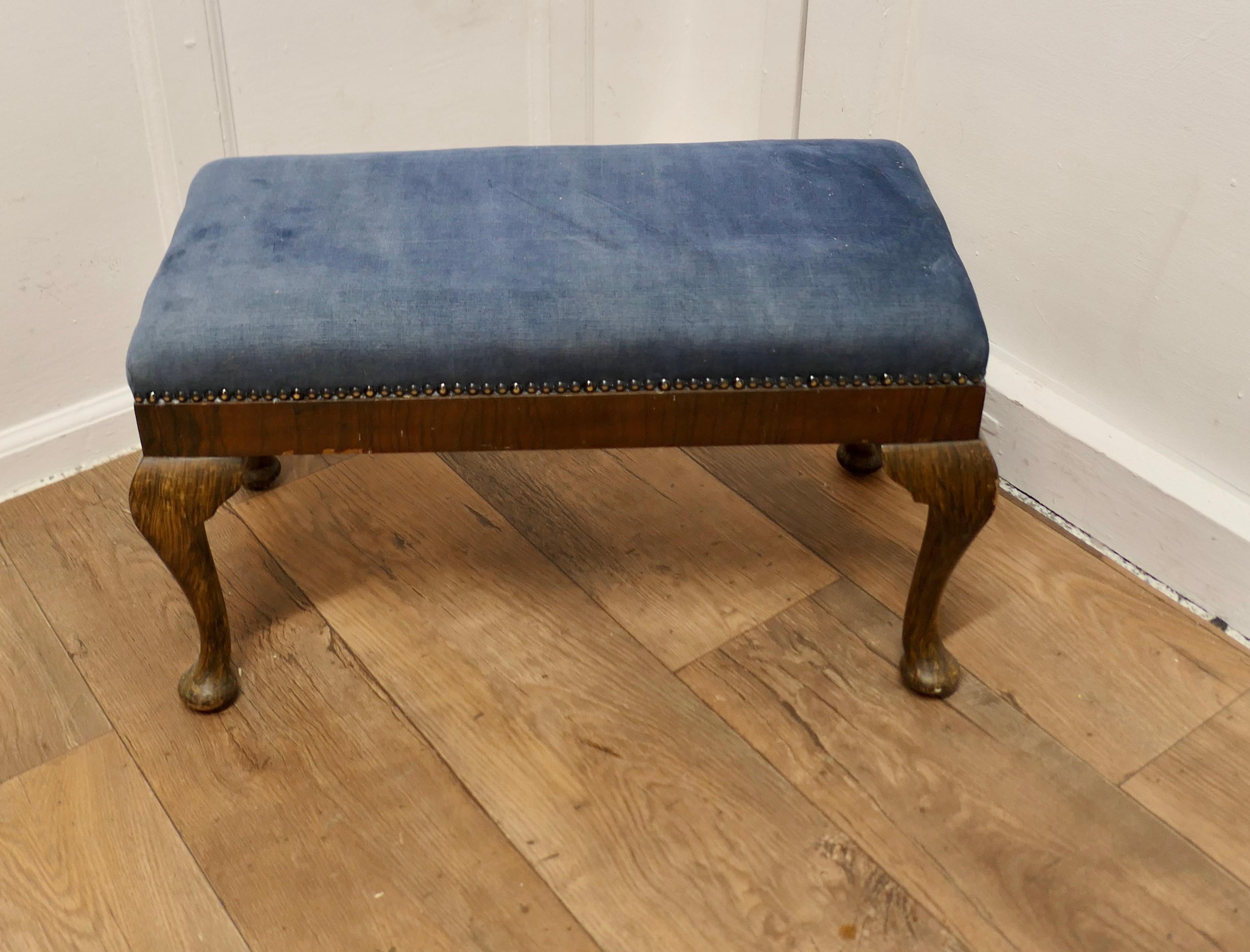Cabriole Leg Velvet Window Stool  

This is a good Sturdy Stool it has strong cabriole legs 
The stool is newly upholstered in dusty blue needle cord, studded around the edges
This sturdy Stool would work well in almost any room as either a stool or