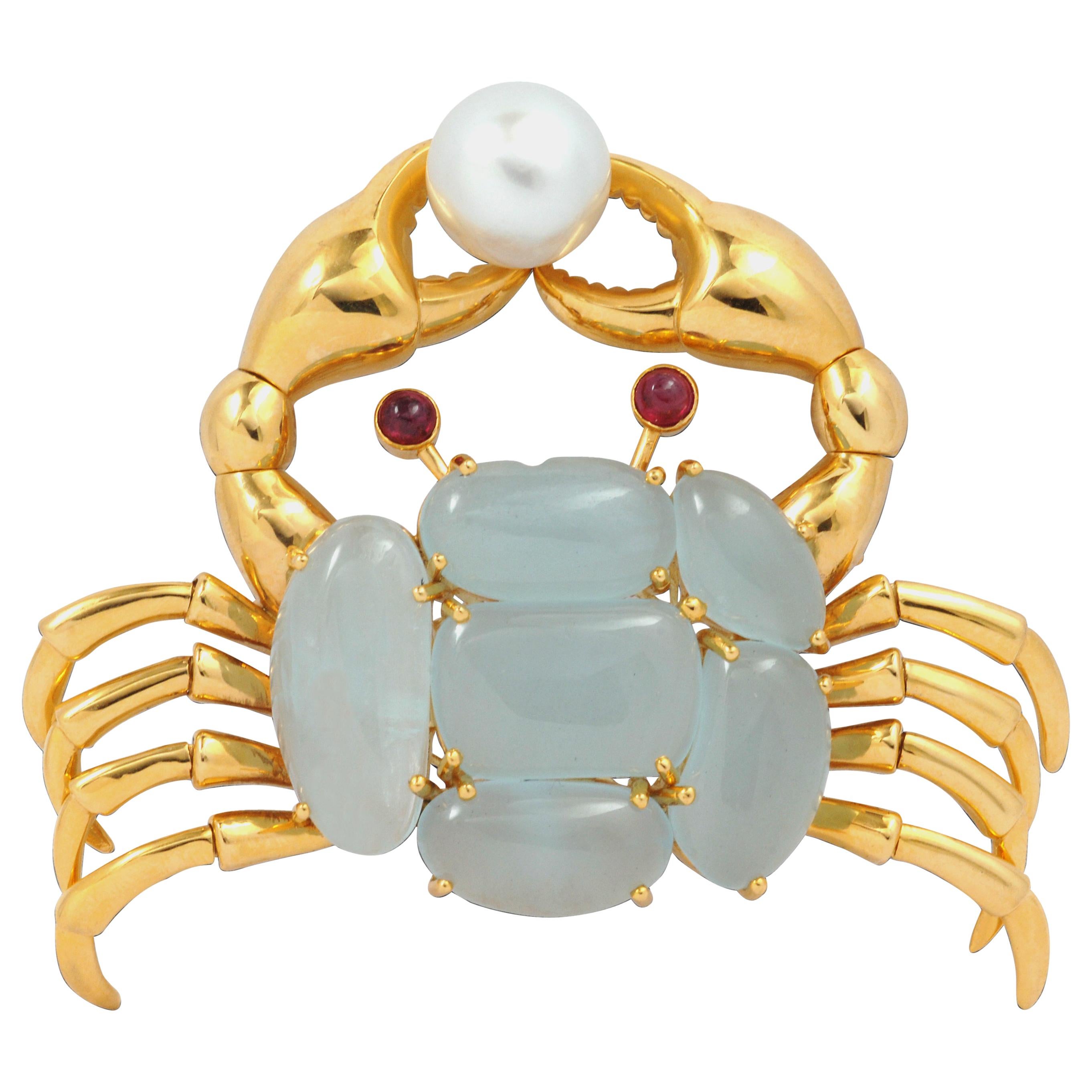 Cabuchon Aquamarine with Ruby and Pearl Crab Brooch Set in 18K Gold Settings For Sale