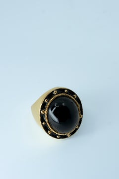 Cocktail Ring Black Onyx Cabochon Black Enamel Gold
