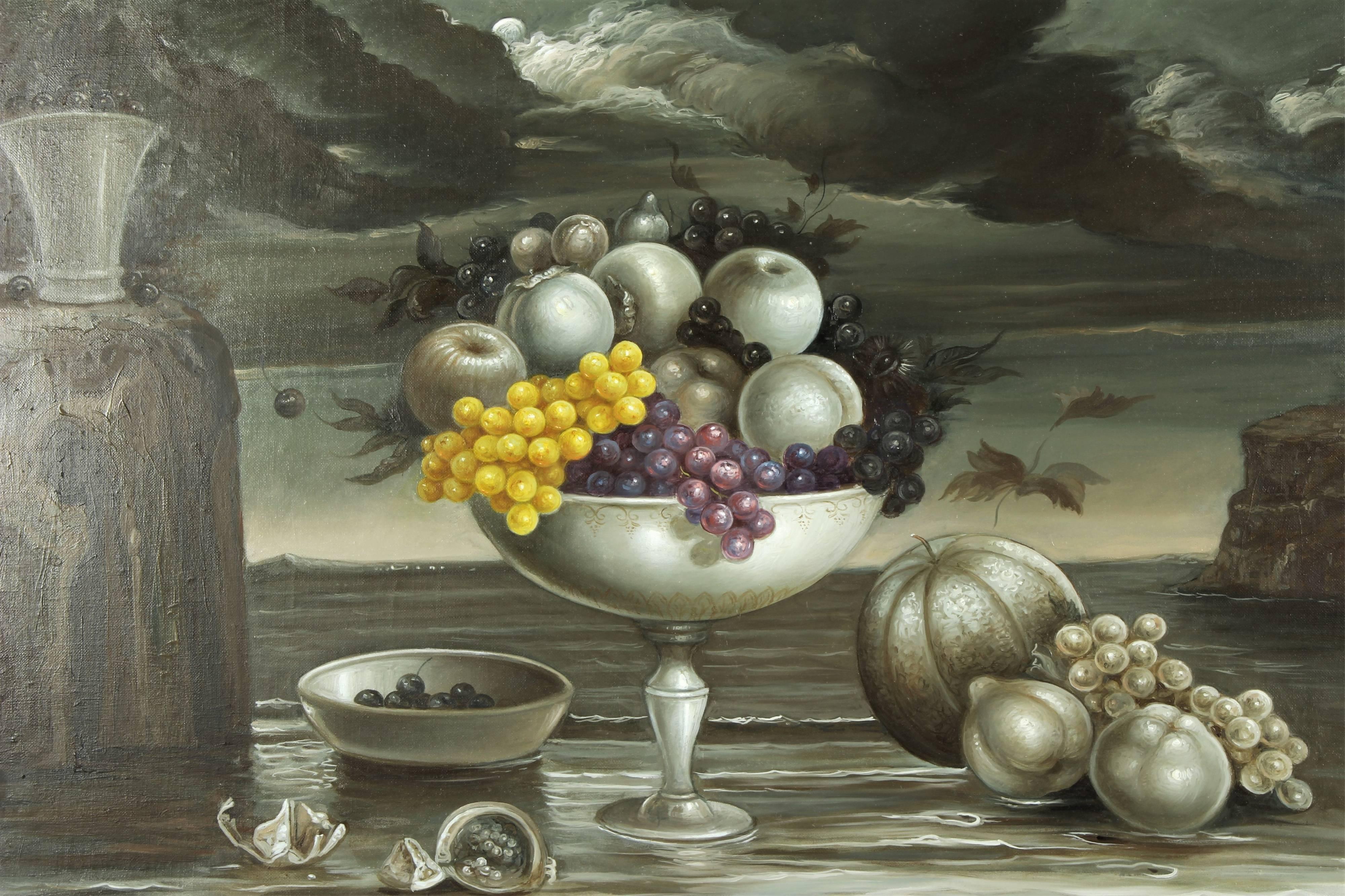 Cacace Filippo, Italian, born in 1959. Still life with grapes, oil on canvas. Signed lower right hand side of the canvas then titled and signed again on verso. This piece is from the Cascone Collection of Arts and Antiques.
