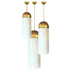 1 of the 3 XL Opaque Glass / Brass Pendant Lights by Limburg, 3 Sizes, 1970s