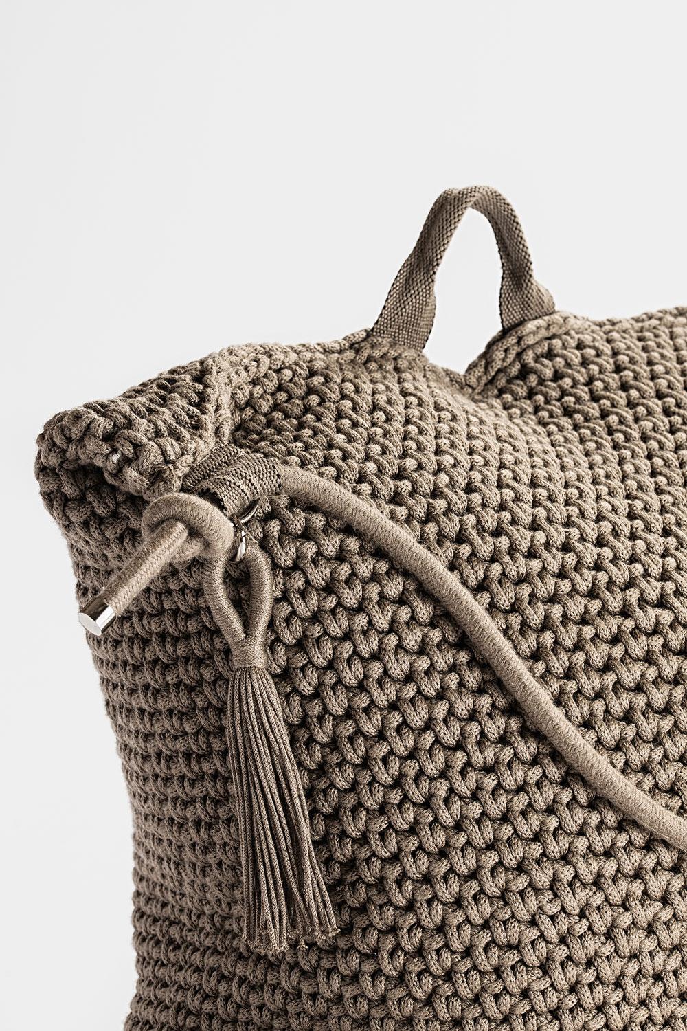 Israeli Cacao Brown Outdoor Indoor Bag Cushion Handmade Crochet in UV Protected Yarn