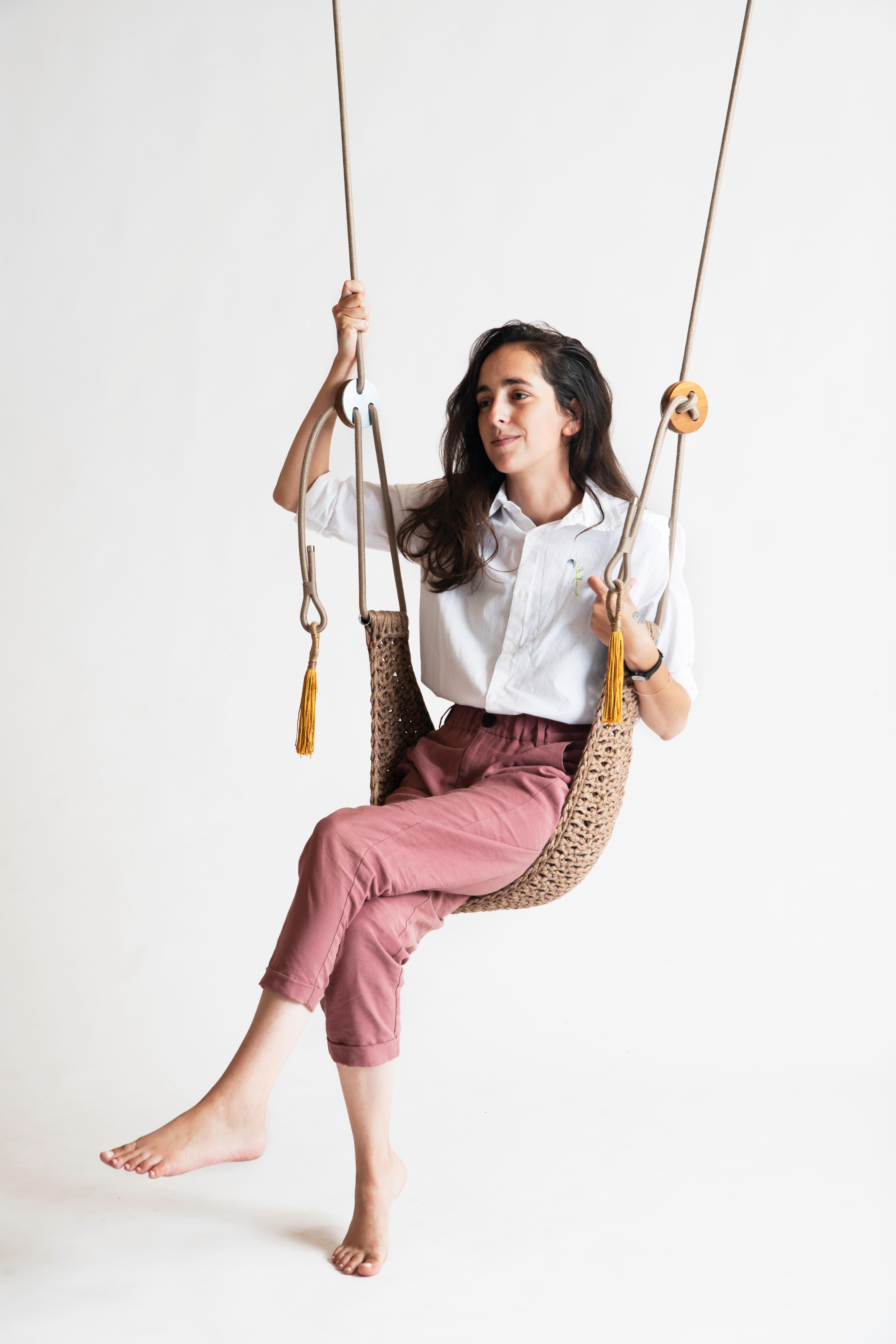 Scandinavian Modern Brown, Gold & Pink Saddle Swing Handmade Crochet Outdoor Hammock Seat For Sale