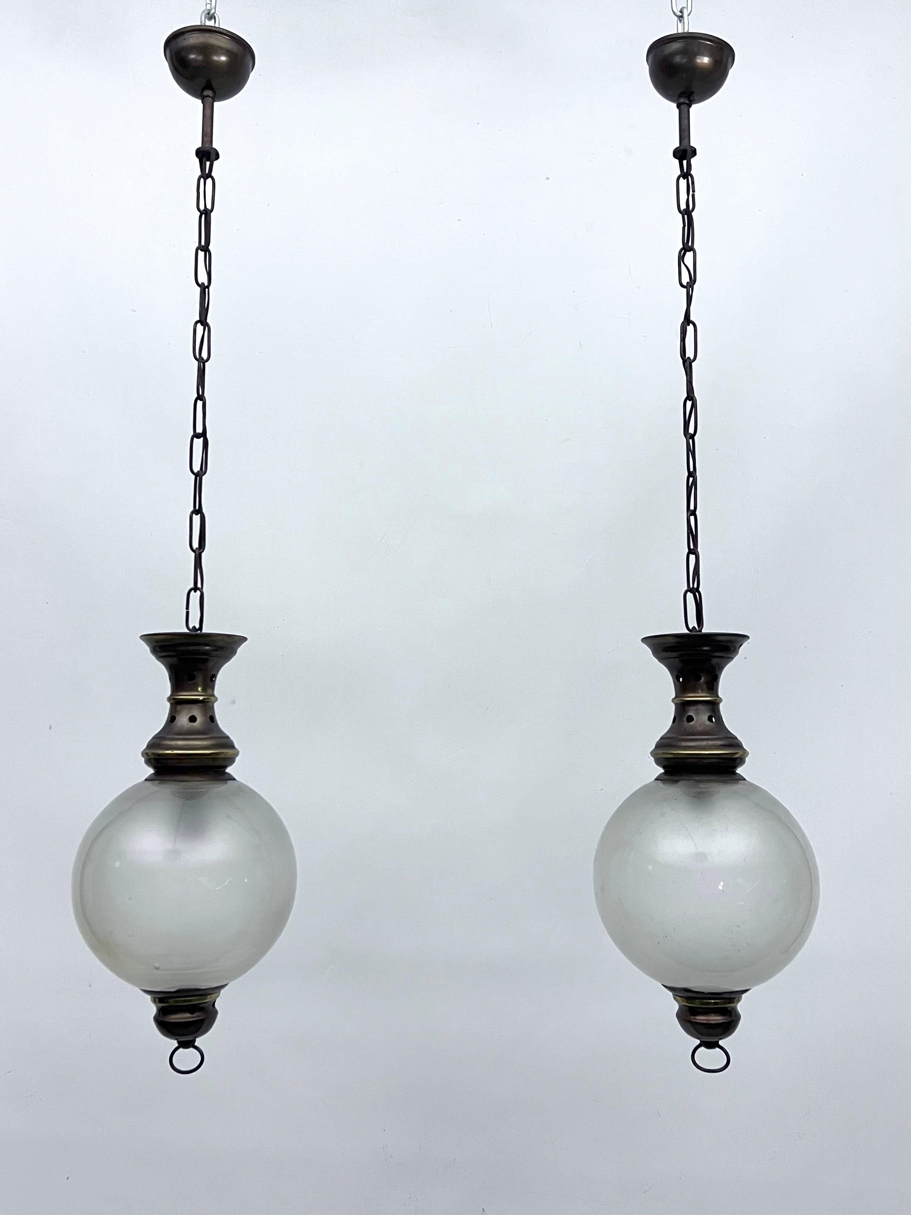 Mid-Century Modern Caccia Dominioni manner, Pair of Mid-Century brass pendant lights. Italy 1950s For Sale