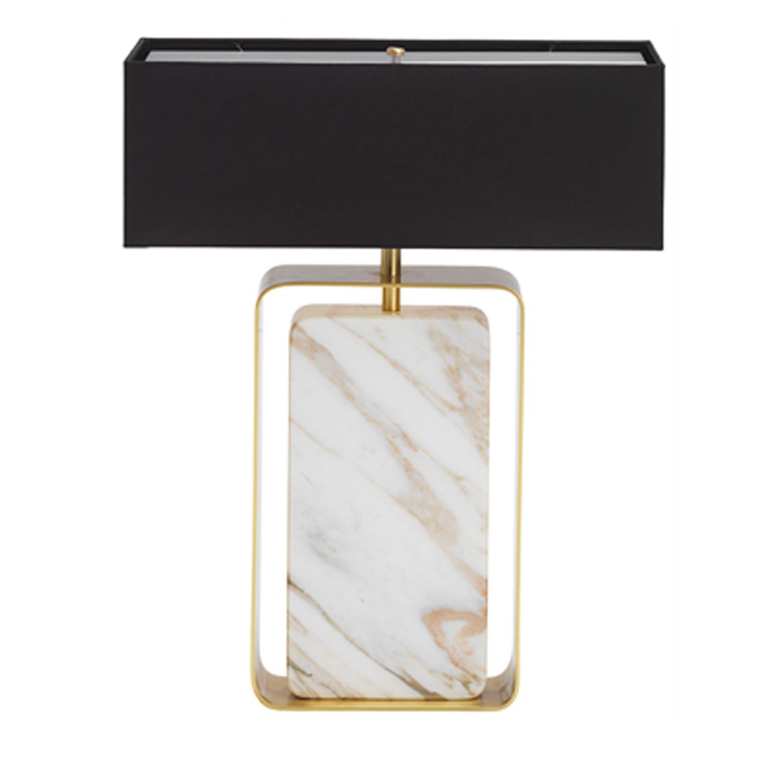 From a small collection of complementary table lamps in different shapes, the Caccia Rectangular Table Lamp is the definition of refined contemporary style. Featuring a block of Calcatta gold marble encased in brass with a satin finish, the table