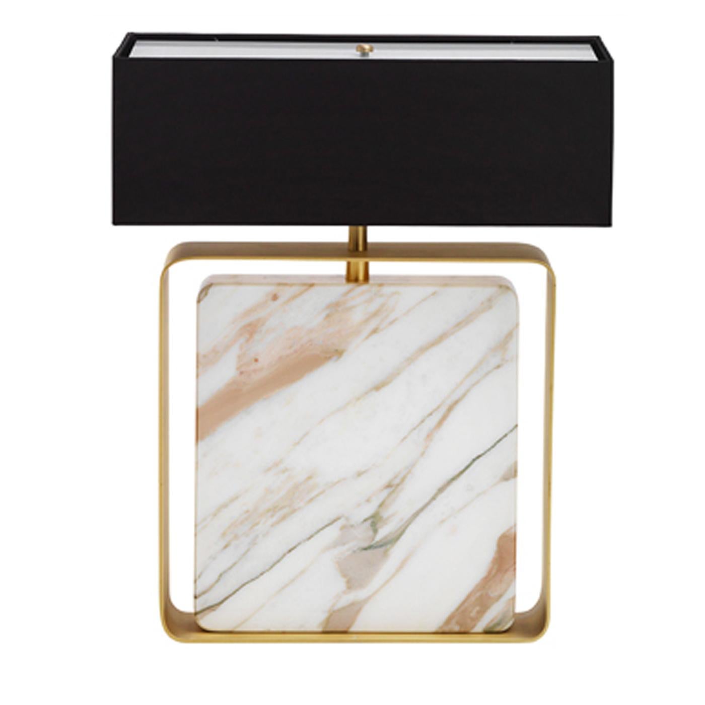 Completing a small collection of marble table lamps, the Caccia square table lamp is a luxe piece for contemporary living spaces. Featuring a square slab of Calcutta gold marble with rounded corners, the lamp is accented with a satin-finish brass