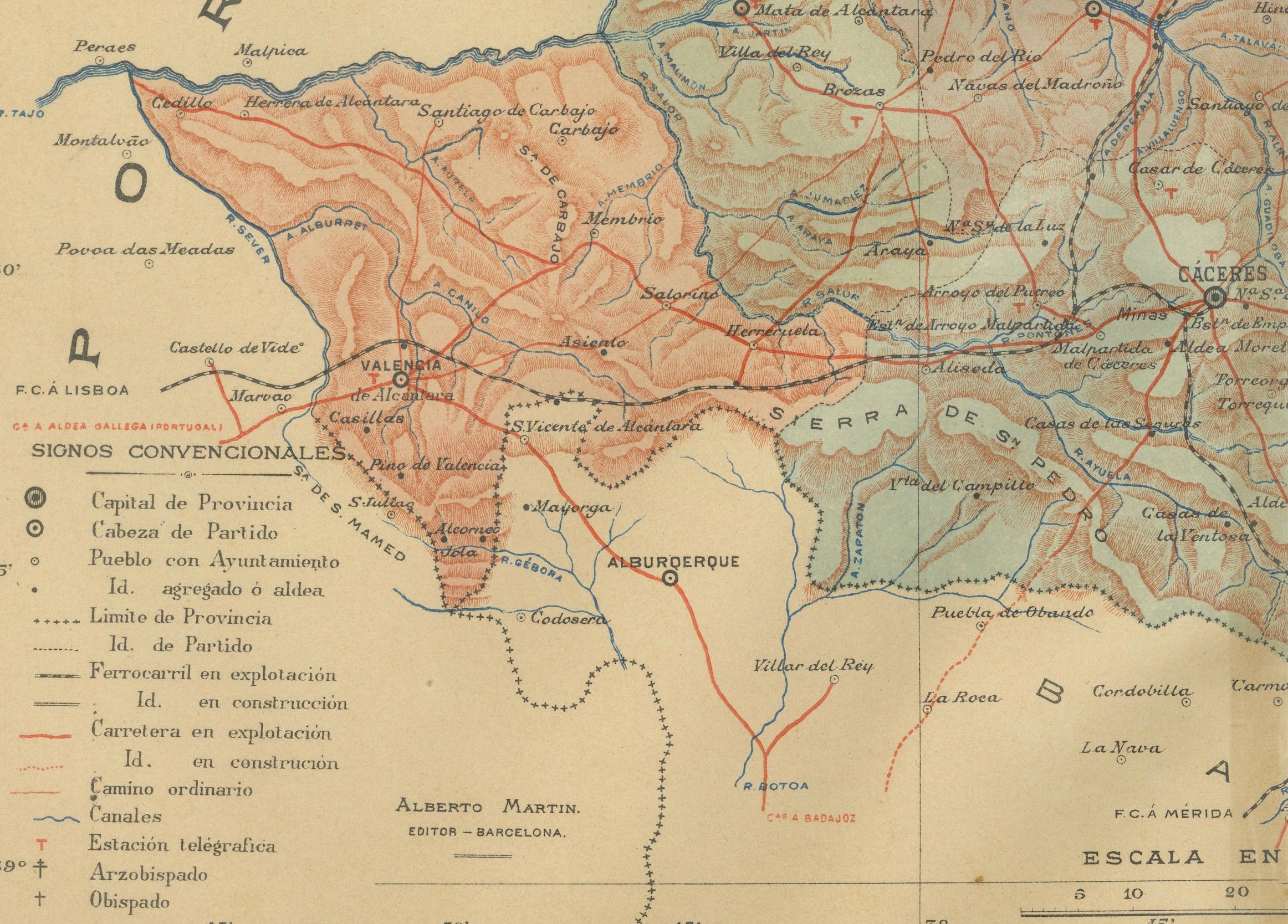 La carte représente la province de Cáceres en Espagne, datée de 1901. Les principales caractéristiques de la carte sont les suivantes

La carte présente des courbes de niveau détaillées indiquant la diversité du terrain, dont la partie nord de la