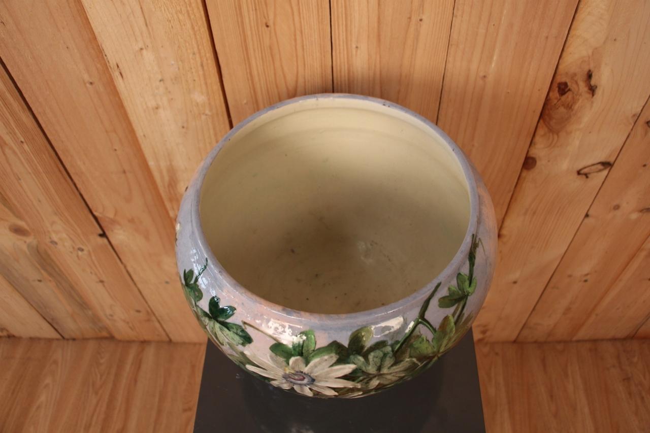 Early 20th Century Cache Pot By Jerome Massier In Vallauris With Passionflowers For Sale