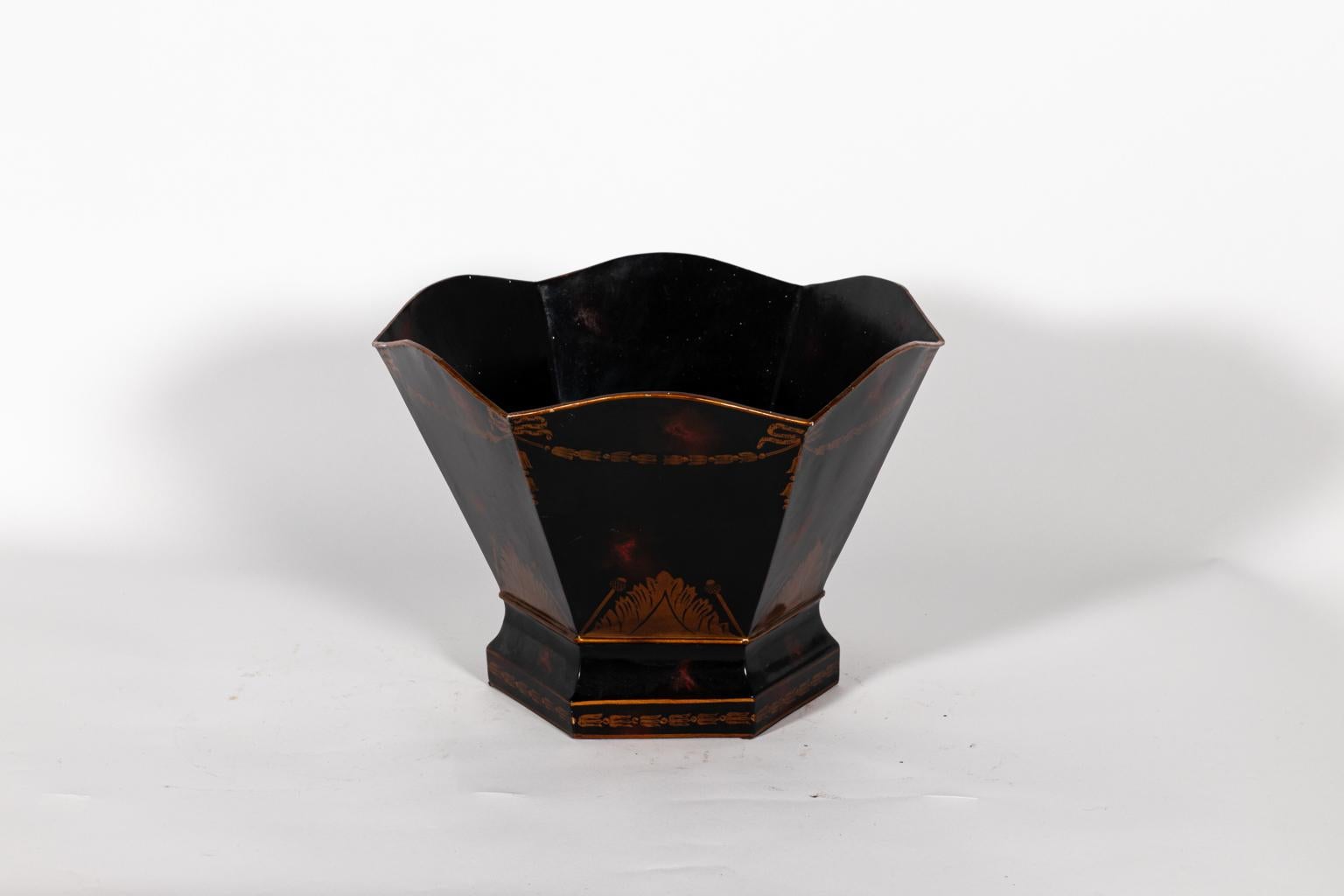 Hand painted cachepot by Maitland Smith. The piece also features scalloped trim and a maker's stamp on the bottom. Please note of wear consistent with age including minor chips and paint loss.