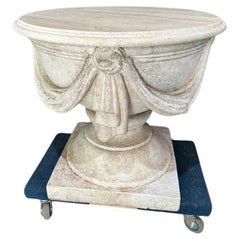 Vintage Cache` Swag decorated Stone Base Table, Travertine Top