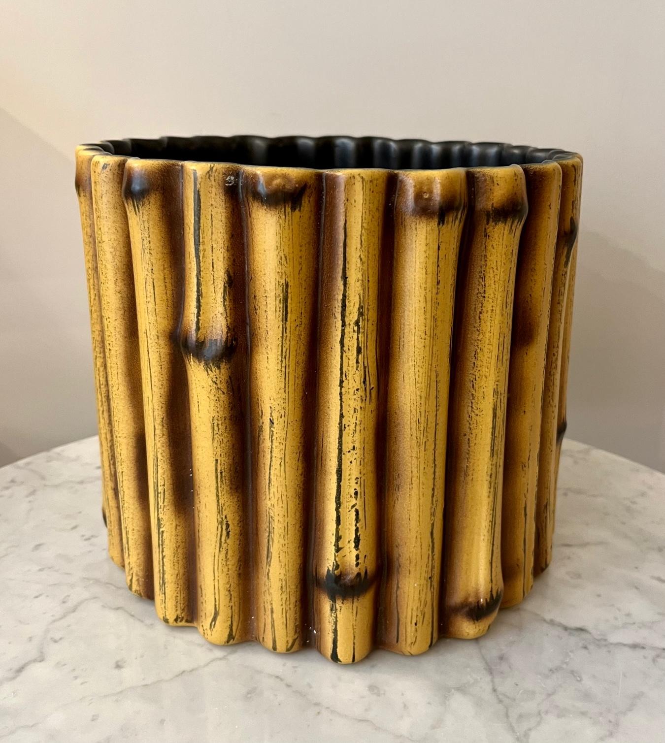 Mid-Century Modern Cachepot with Bamboo Decoration by Pol Chambost, 1950s For Sale