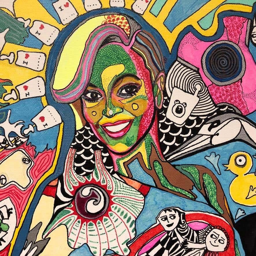 Modern acrylic and marker painting titled 'Happy Birthday Beyonce' by Cacho Falcon. The piece is signed by the artist and dated 2012 on the lower left side. In great condition with age-appropriate wear.
Born in 1978 in Asunción, Paraguay, Cacho has