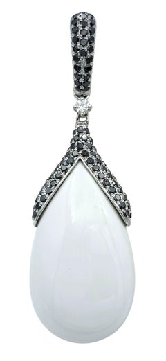 Cacholong Opal Dangle Earrings with Black & White Diamonds 14 Karat White Gold