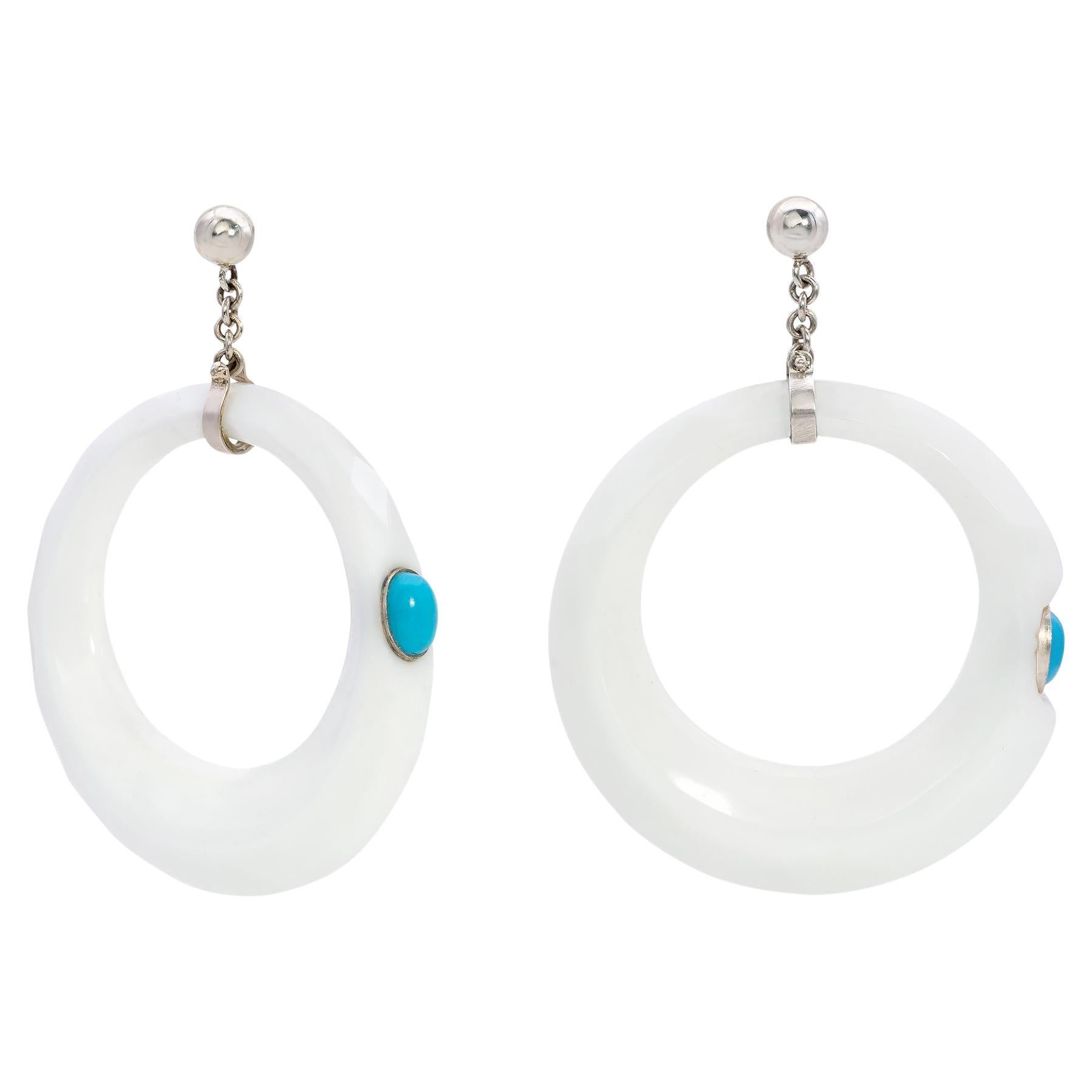 Cacholong Opal Earrings with Turquoise by April in Paris Designs For Sale