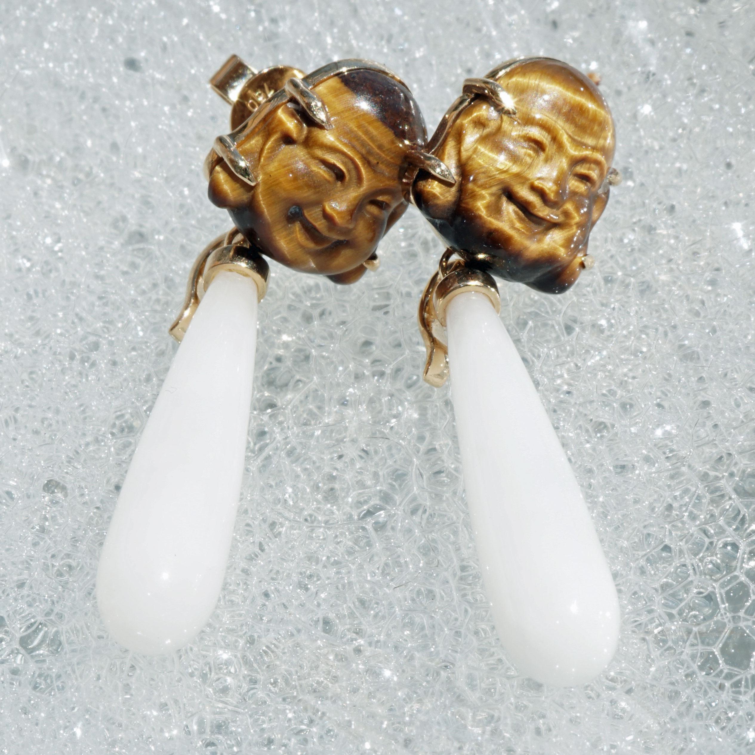 Modern Cacholong Tiger Eye Budda Head Earrings detachable pendants make soooo happy  For Sale