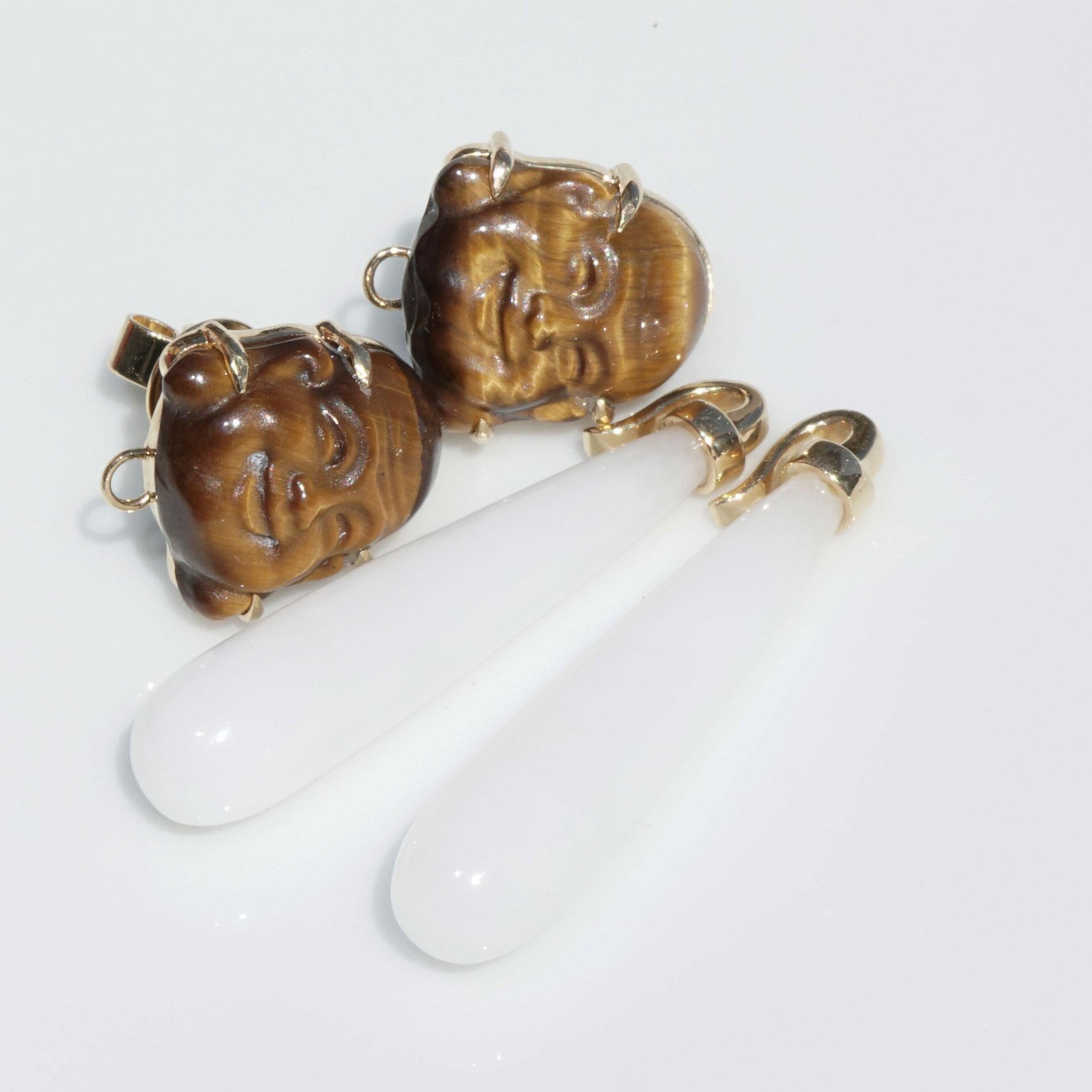 Cacholong Tiger Eye Budda Head Earrings detachable pendants make soooo happy  For Sale 2