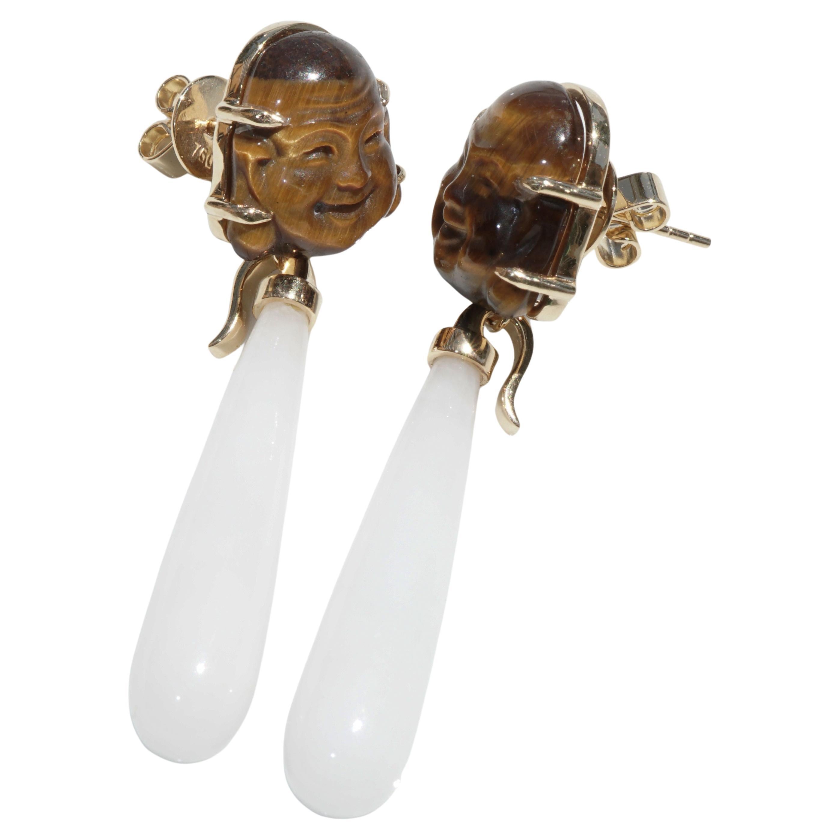 Cacholong Tiger Eye Budda Head Earrings detachable pendants make soooo happy  For Sale