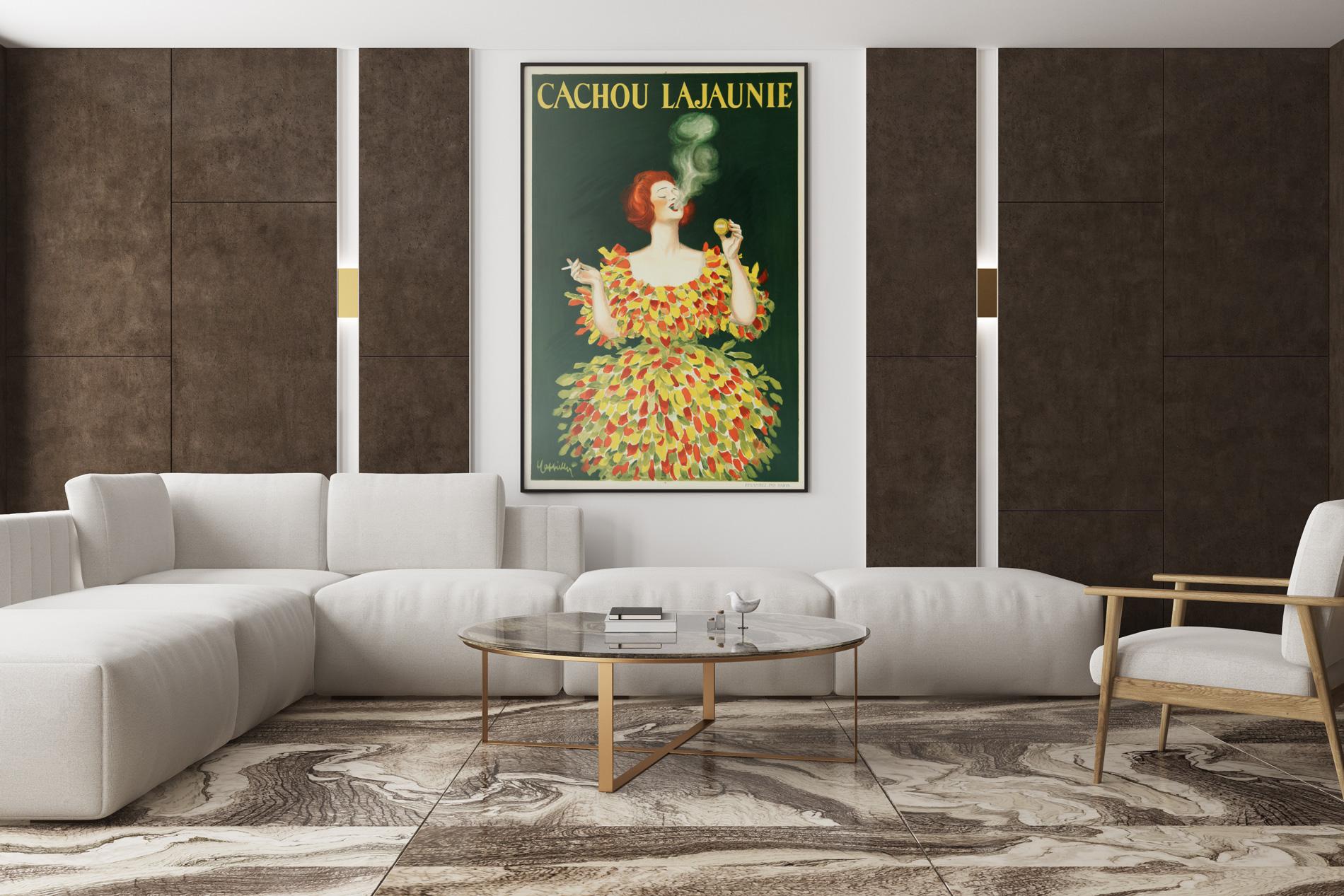 Original 1920s French vintage Cachou Lajaunie advertising poster featuring a beautiful design by poster artist Leonetto Cappiello. We love Cappiello's design of a fabulously dressed lady smoking whilst confidently holding aloft her Cachou Laujaunie